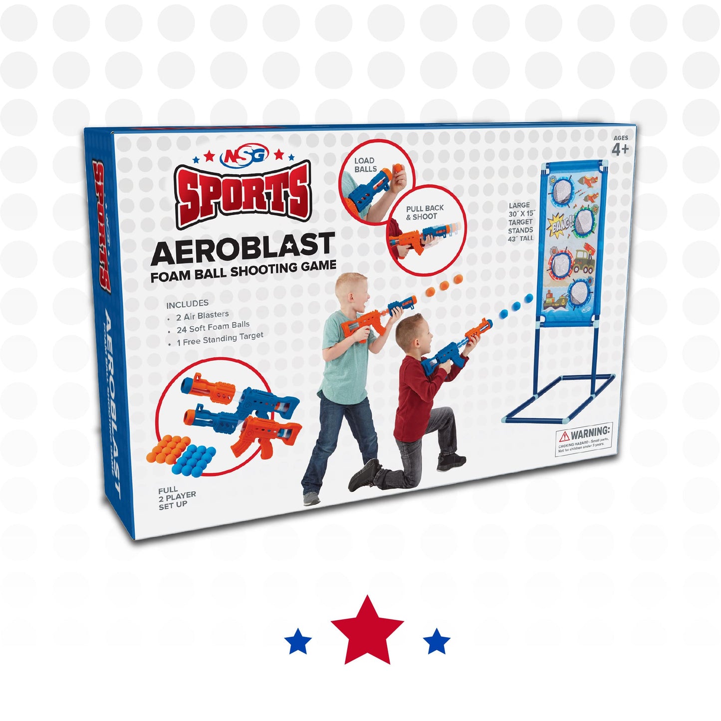 NSG Aeroblast Shooting Games for Kids - 2pk, 24ct Soft Foam Balls and 2 Pump Action Blaster Guns, 2-Player Toy Blaster Gun Set with Standing Shooting