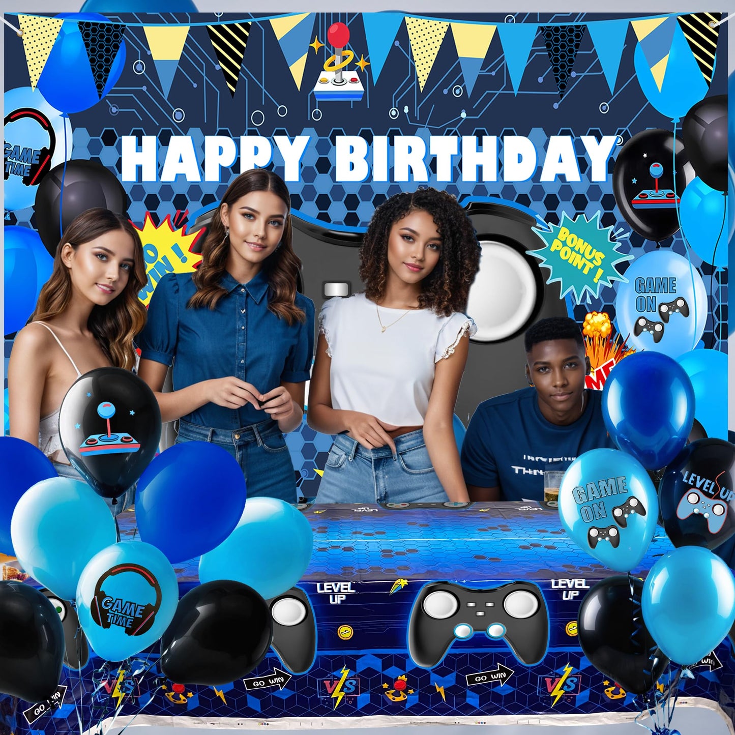 15 PCS Complete Video Game Party Decoration Set 1 Backdrop 1 Tablecloth 13 Latex Balloons and More Perfect for Gamer Party Supplies Boys and Girls