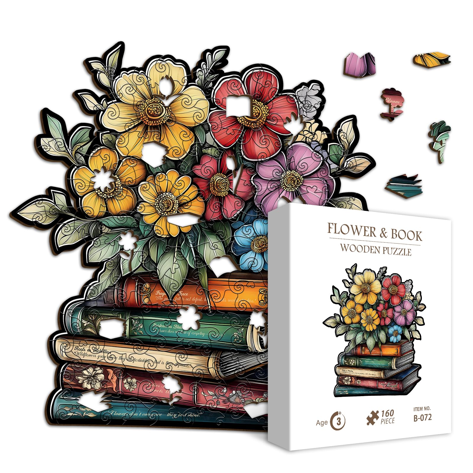 Wooden Wildflowers Pages Puzzles for Adults 160 Pieces, Wood Flower Book Literary Blossom Jigsaw Puzzle, Plant Floral Art Themed Puzzles for Adults