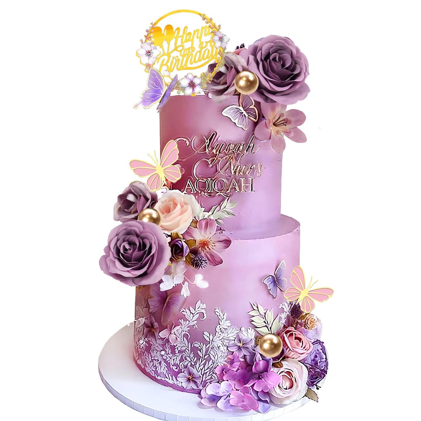 Flower Cake Topper Purple Cake Decorations with Artificial Flowers Butterfly Balls for Wedding Birthday