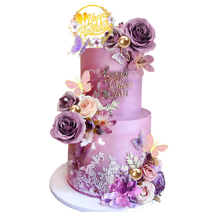 Flower Cake Topper Purple Cake Decorations with Artificial Flowers Butterfly Balls for Wedding Birthday
