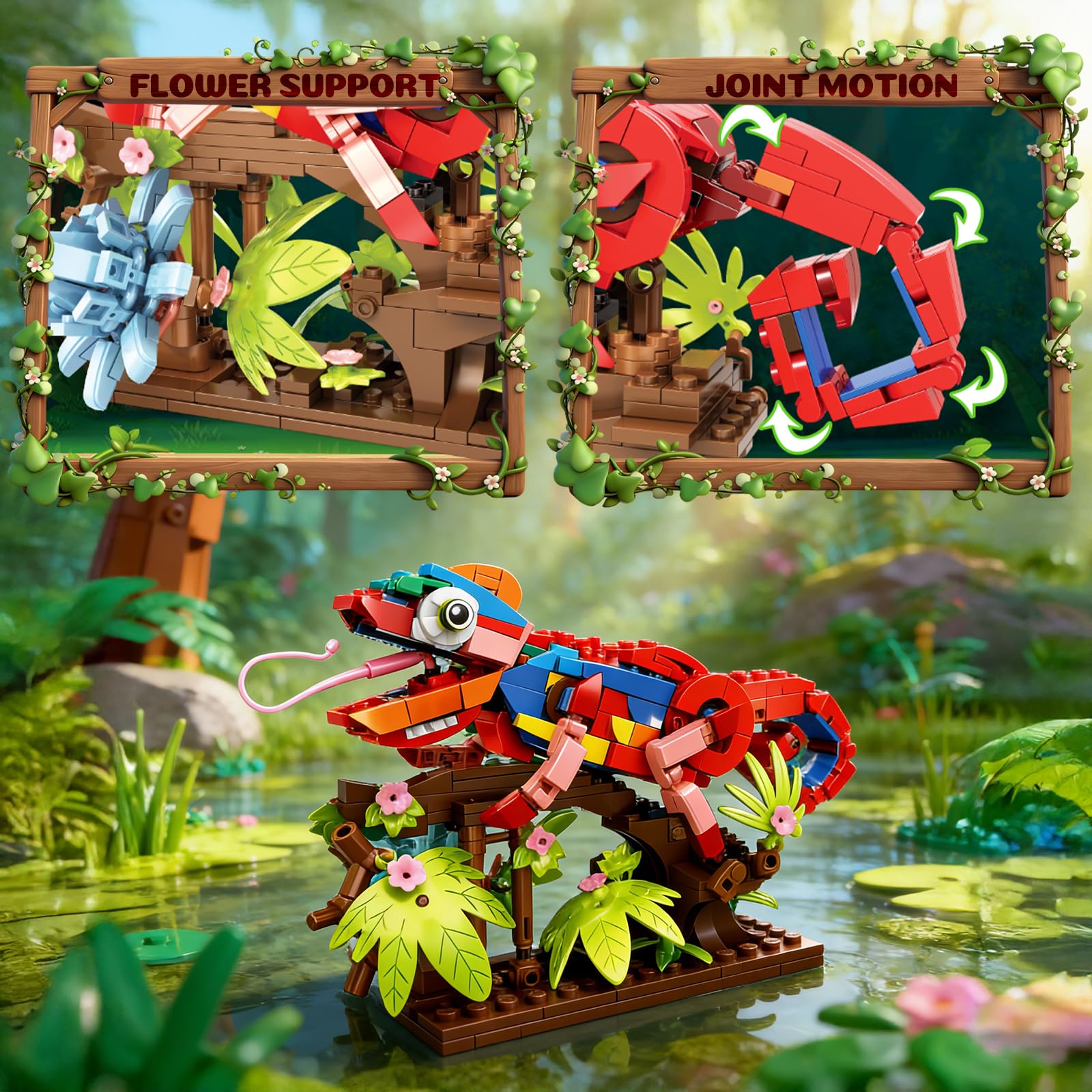 APENGBAOL 3-in-1 Parrot Building Sets 538 PCS Chameleon & Crab Animal Model with Flowers Creative Bird Construction Kit for Adults Nature Display Gift