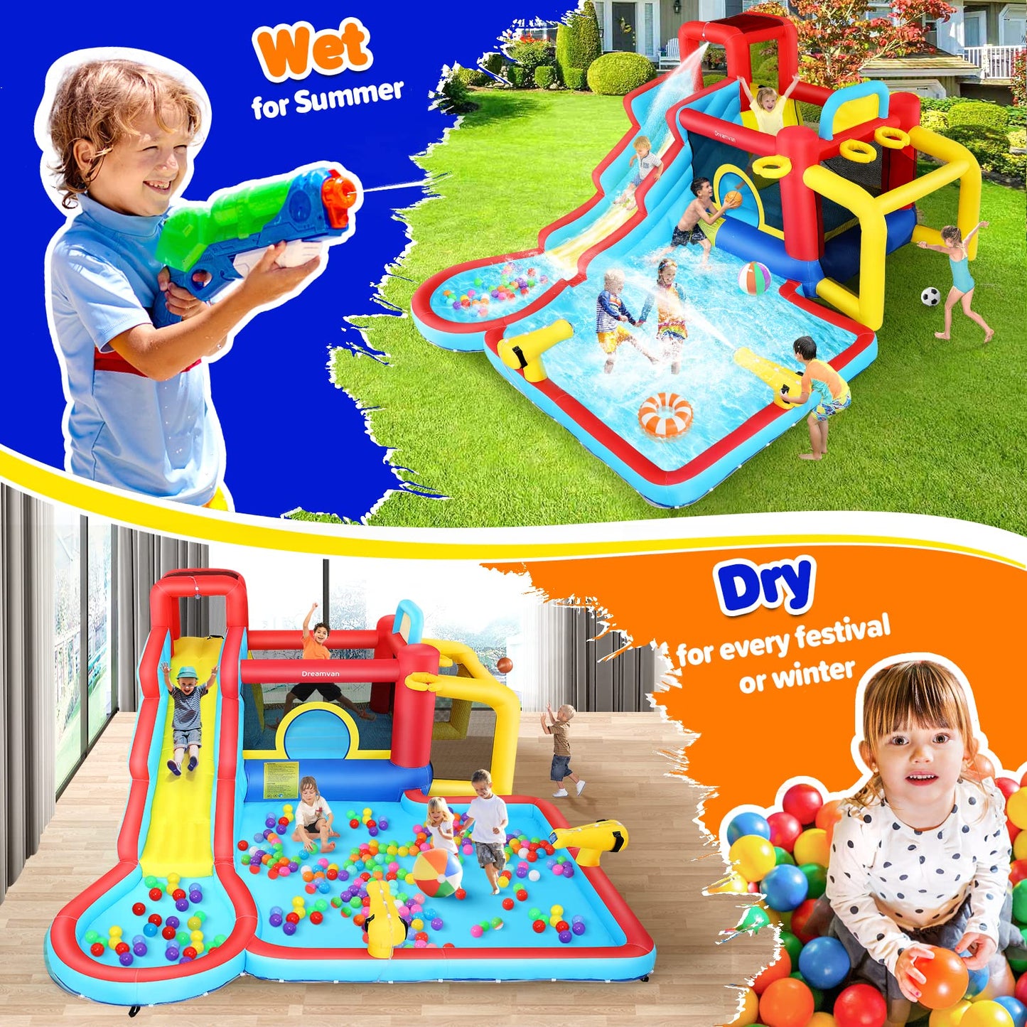 WHUBEFY Bounce House,Inflatable Water Slide Bounce Castle with Blower for Kids 3-12,Outdoor/Indoor Bouncy House Water Park for Backyard with 2 Splash