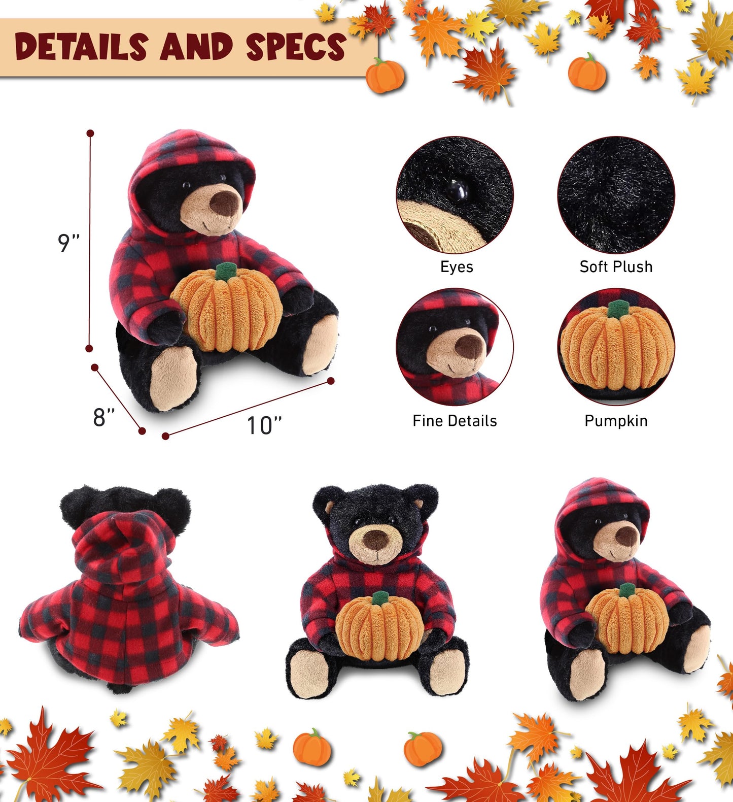 DolliBu Super Soft Plush Black Bear with Red Plaid Hoodie Stuffed Animal with Pumpkin Decor - Plush Animal for Fall, Halloween and Thanksgiving