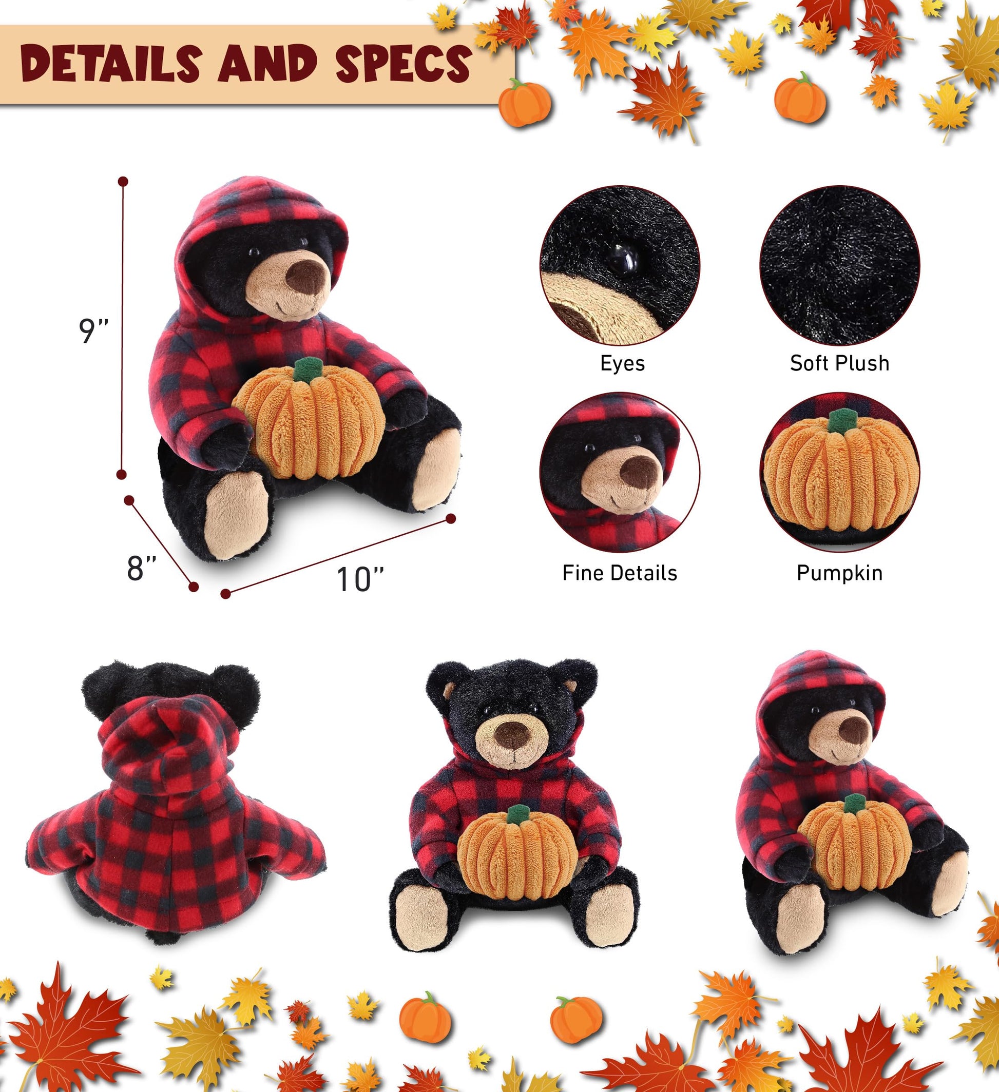 DolliBu Super Soft Plush Black Bear with Red Plaid Hoodie Stuffed Animal with Pumpkin Decor - Plush Animal for Fall, Halloween and Thanksgiving