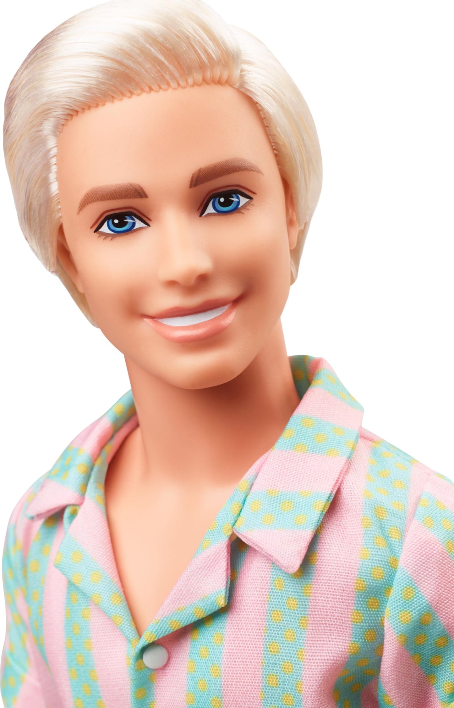 Barbie The Movie Ken Doll, Collectible Wearing Pastel Pink & Green Striped Beach Matching Set with Surfboard & White Sneakers