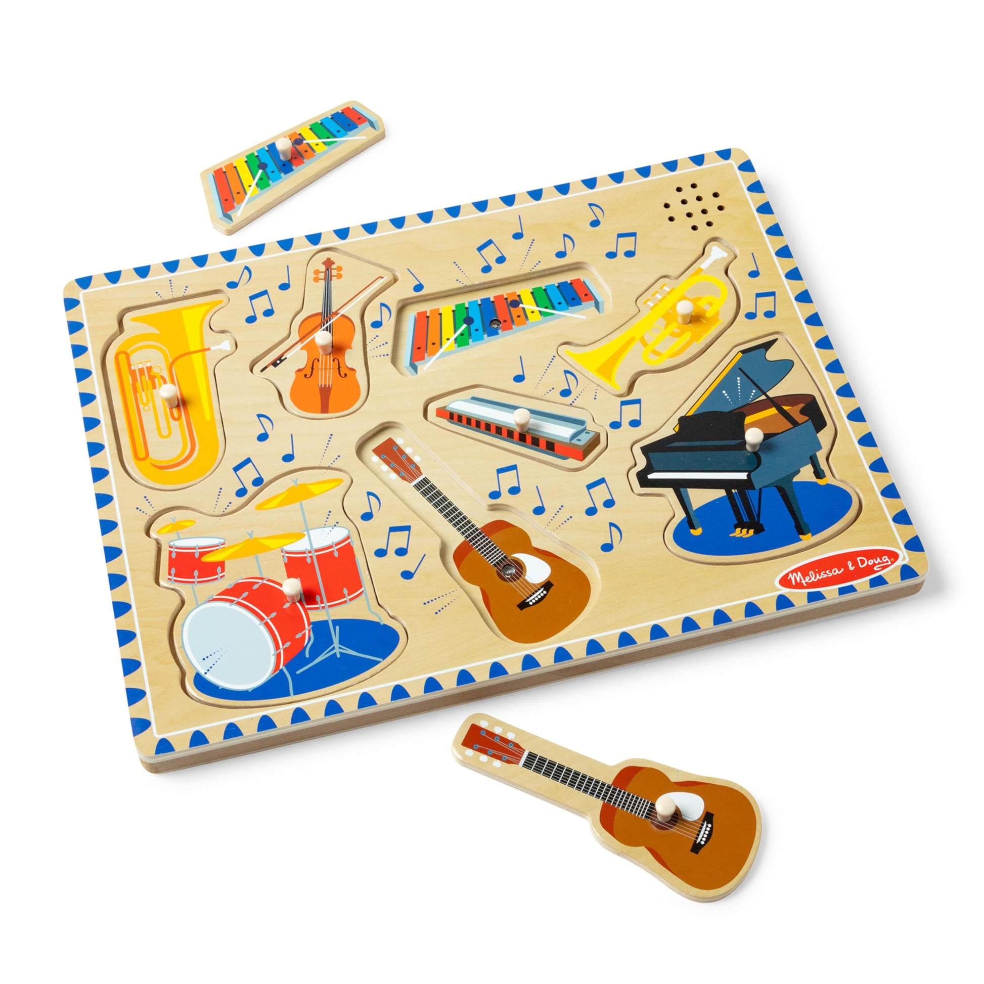 Melissa & Doug Musical Instruments Sound Puzzle - Wooden Peg Puzzle with Light-Activated Sound Effects (8 pcs) Wooden Peg Baby Music Learning Toys,