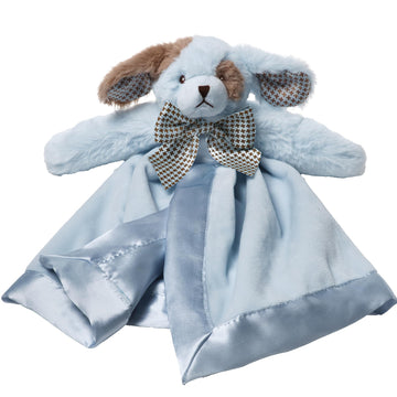Bearington Baby Waggles Blue Puppy Snuggler - 15" Puppy Lovey Security Blanket with Silk Satin Trim and Plush Dog Design - Soft for Boys and Girls