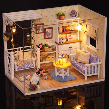 KOOMEKI Miniature Dollhouse DIY Set with Decoration Furniture and LED Lights, Kitten Diary Style, 1;24 Scale DIY Dollhouse with English Instructions