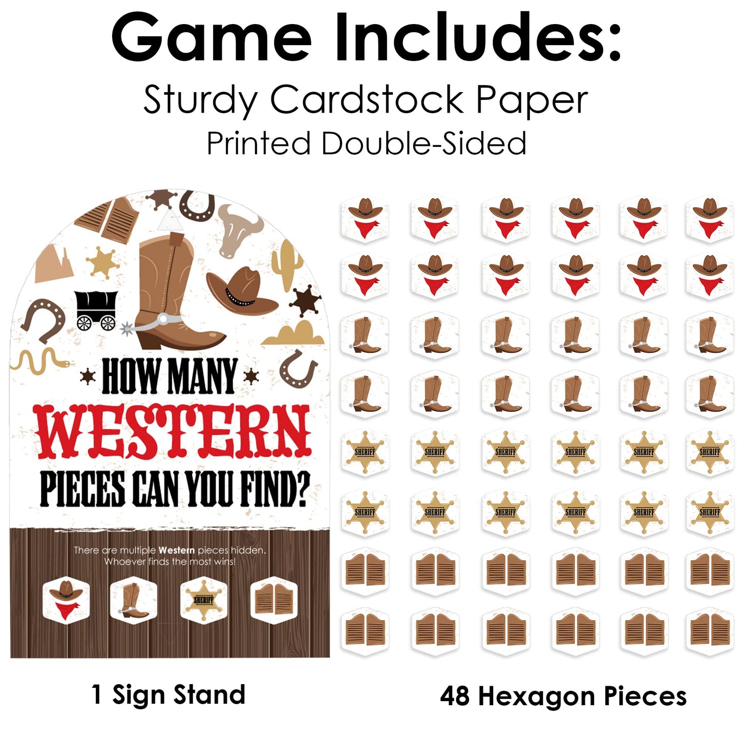 Big Dot of Happiness Western Hoedown - Wild West Cowboy Party Scavenger Hunt - 1 Stand and 48 Game Pieces - Hide and Find Game