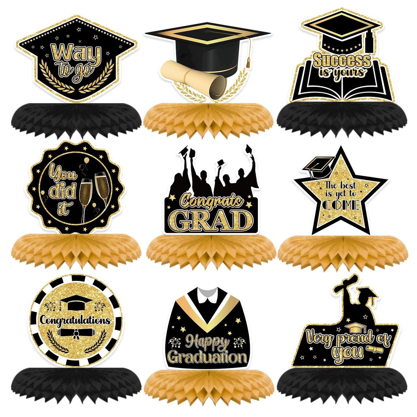 9PCS Graduation Party Decorations Class of 2025 Congrats Grad Table Centerpiece Congratulate Graduation Black and Gold Honeycomb Table Toppers