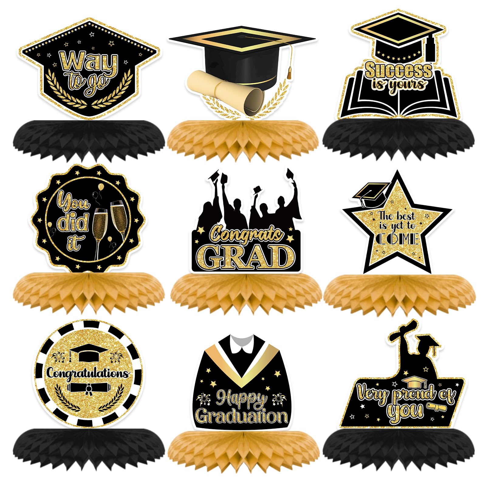 9PCS Graduation Party Decorations Class of 2025 Congrats Grad Table Centerpiece Congratulate Graduation Black and Gold Honeycomb Table Toppers