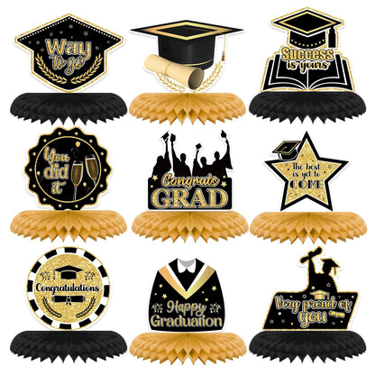 9PCS Graduation Party Decorations Class of 2025 Congrats Grad Table Centerpiece Congratulate Graduation Black and Gold Honeycomb Table Toppers