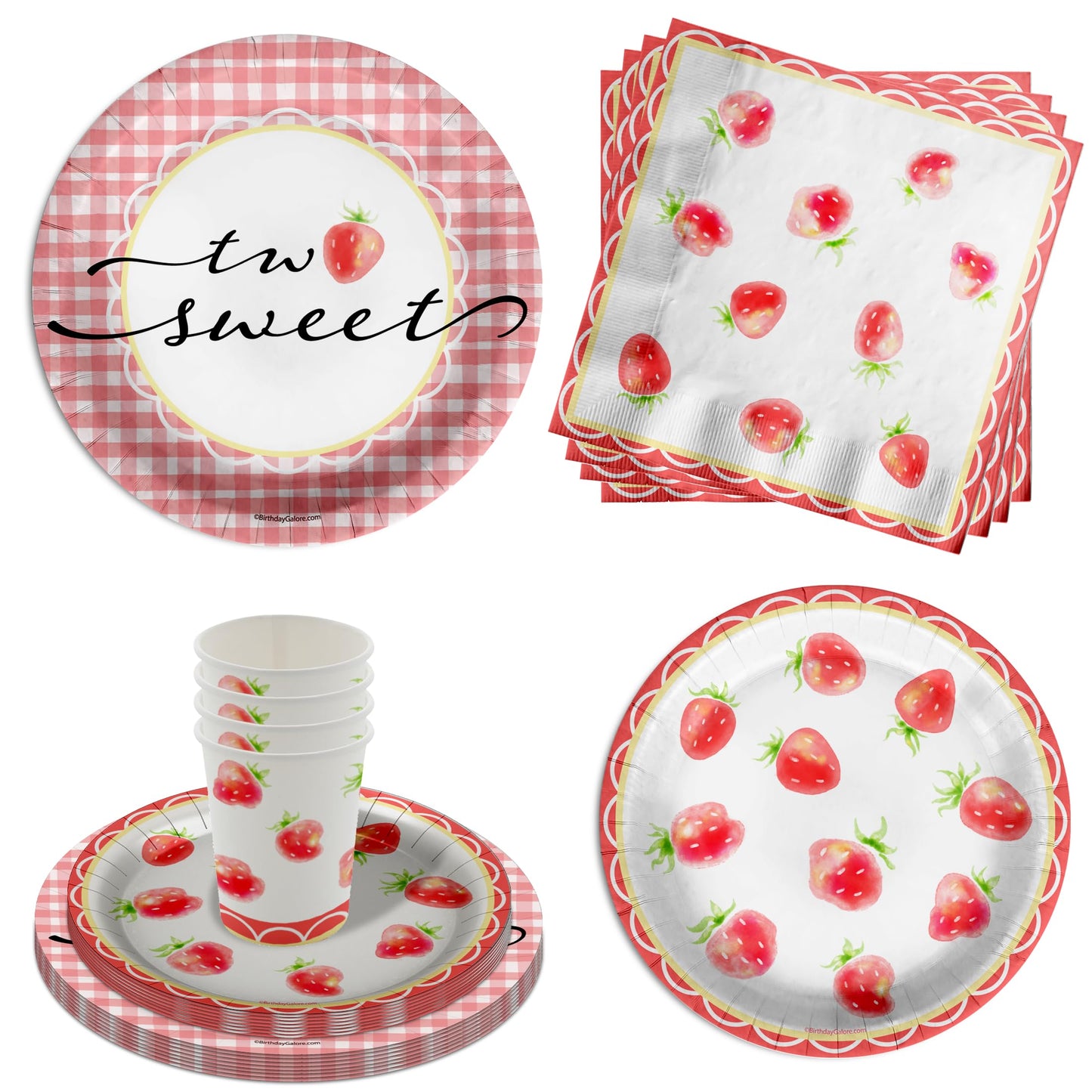 Two Sweet Strawberry Birthday Party Supplies - 64 Piece Girls Second Birthday Tableware Set Includes Large 9" Dinner Plates and 8" Dessert Paper