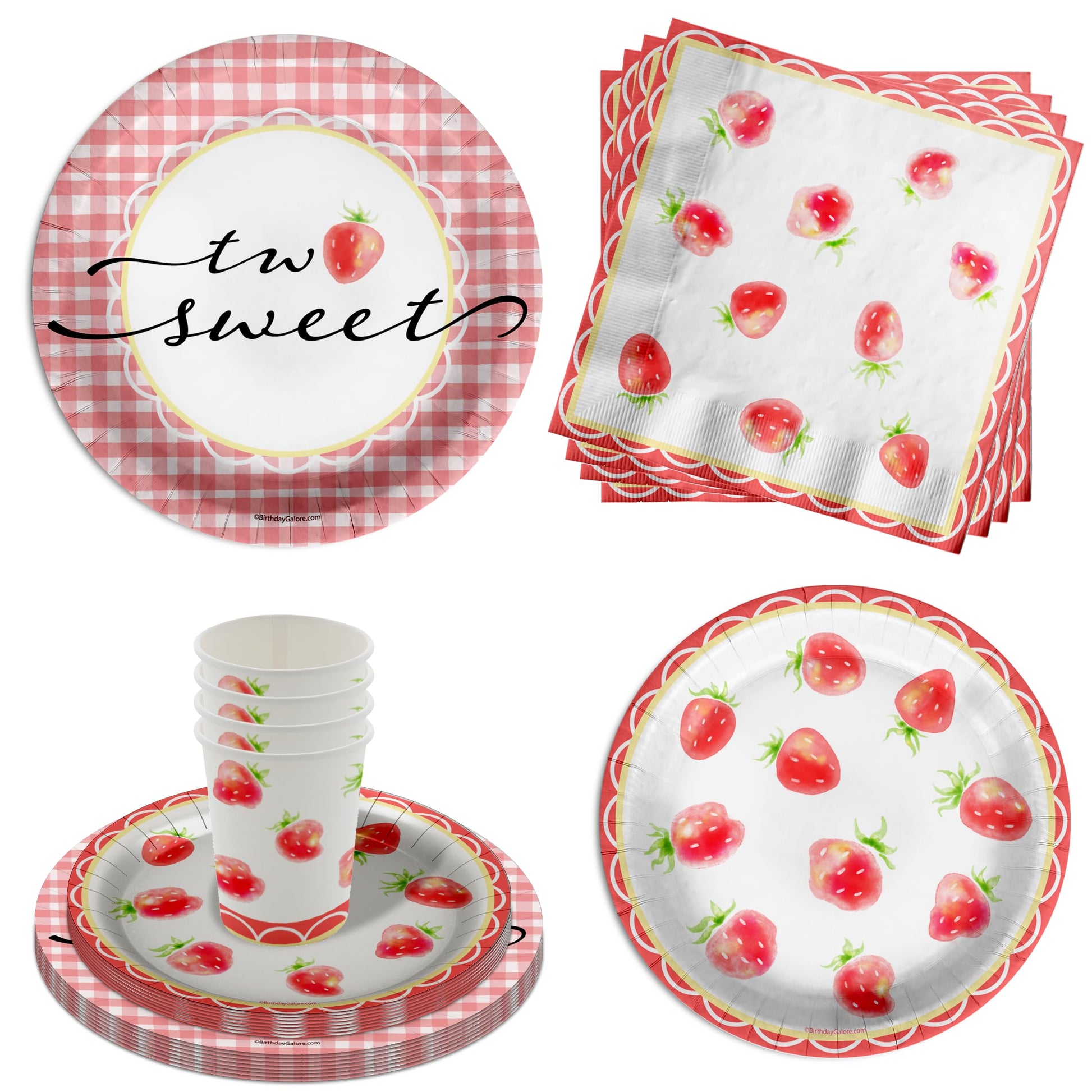 Two Sweet Strawberry Birthday Party Supplies - 64 Piece Girls Second Birthday Tableware Set Includes Large 9" Dinner Plates and 8" Dessert Paper