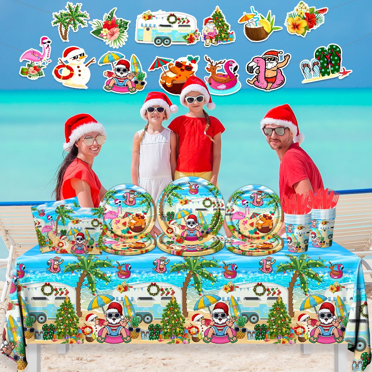 142pcs Summer Christmas Plates Tableware Set Summer Beach Hawaiian Santa Plates Napkins Cups for Summer Pool Mele kalikimaka Tropical Christmas Luau