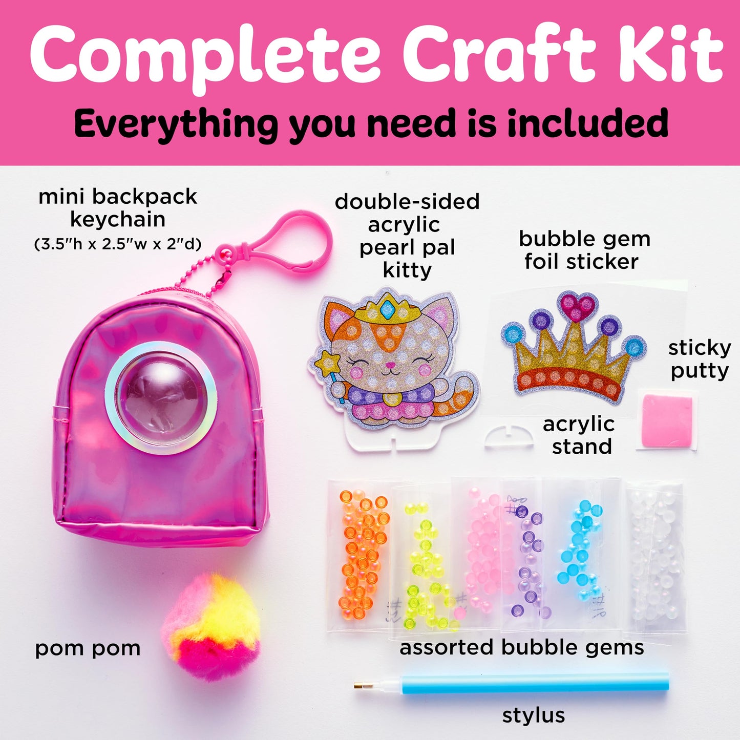 Creativity for Kids Bubble Gems Backpack Keychain: Kitty Princess, Mini Diamond Painting Kits for Kids, Arts and Crafts for Kids, Easter Basket