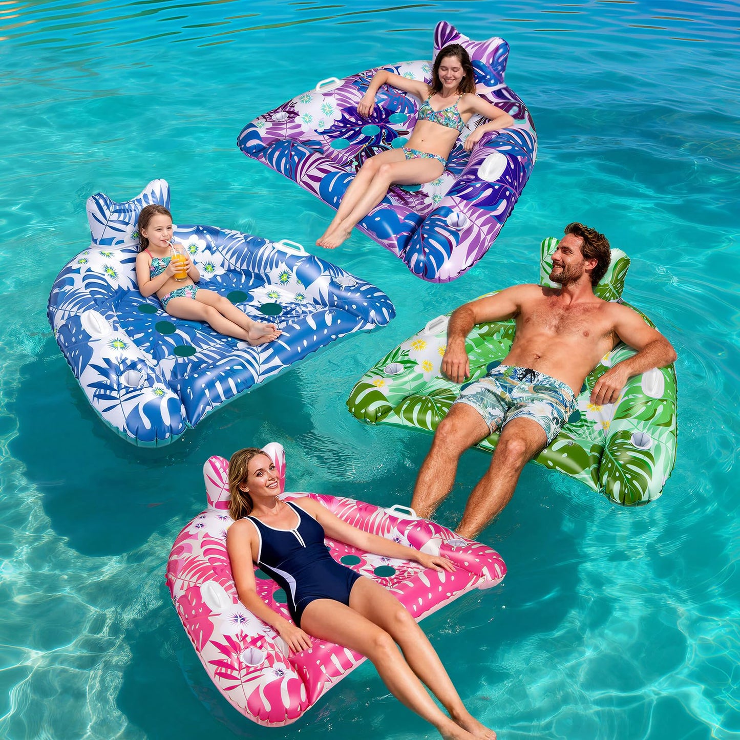 Ornnut XL Pool Floats Adult, 4 Packs Valued Pool Float Chairs for Adults & Kids, Upgraded Pool Chairs with Cupholders & 2 Handles, Summer Pool Toys