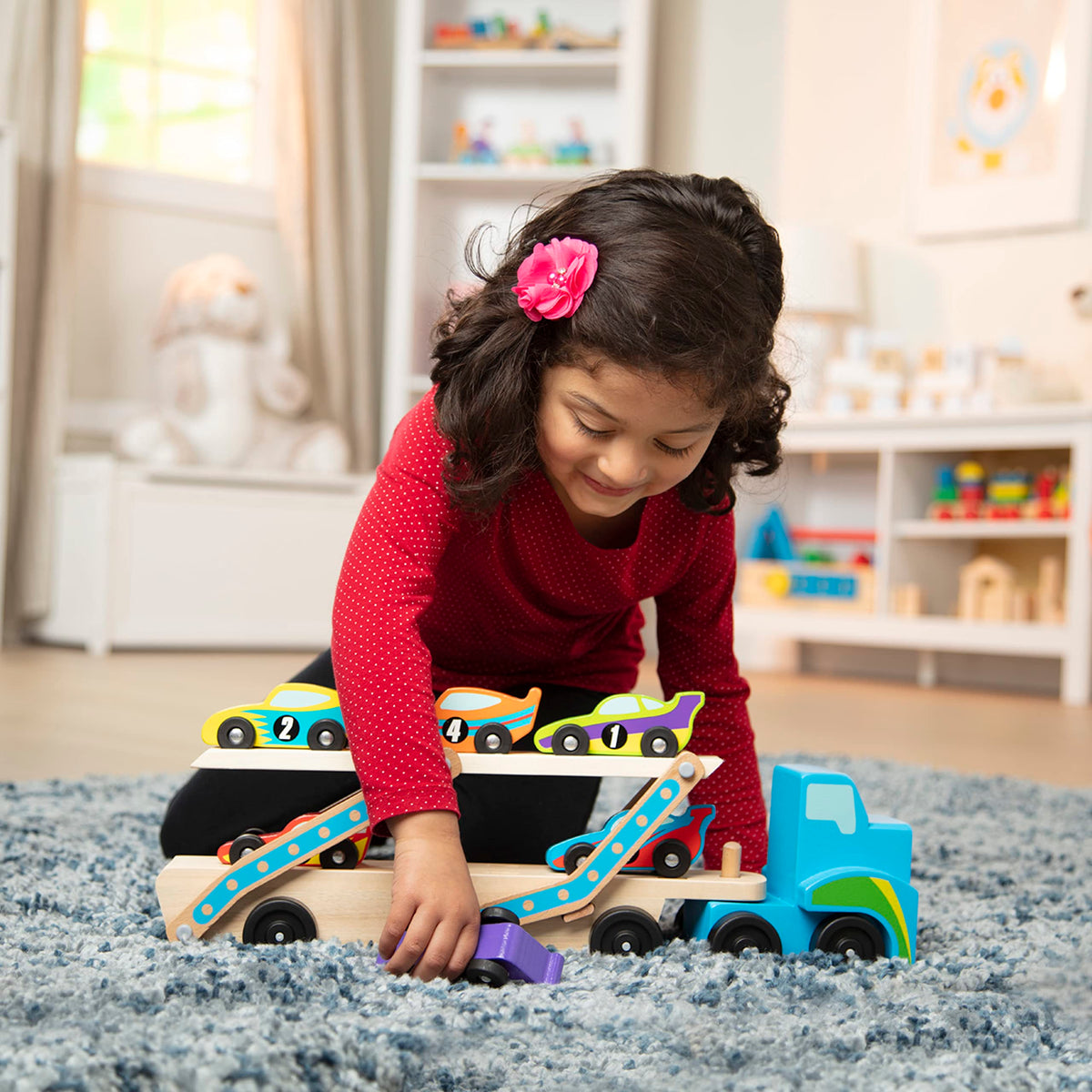 Melissa & Doug Mega Race-Car Carrier - Wooden Tractor and Trailer with 6 Unique Race Cars