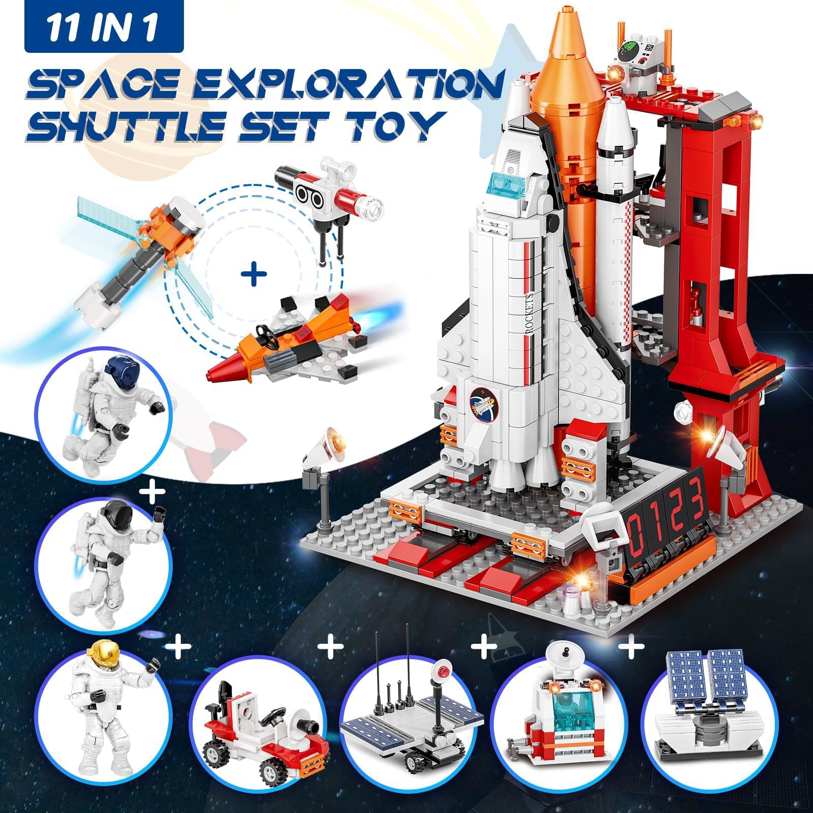 EXCOUP Space Exploration Shuttle Toys, 12-in-1 STEM Aerospace Building Kit Toy, Rocket Building Kit Toy with Launcher, Astronauts, Airplane Rocket