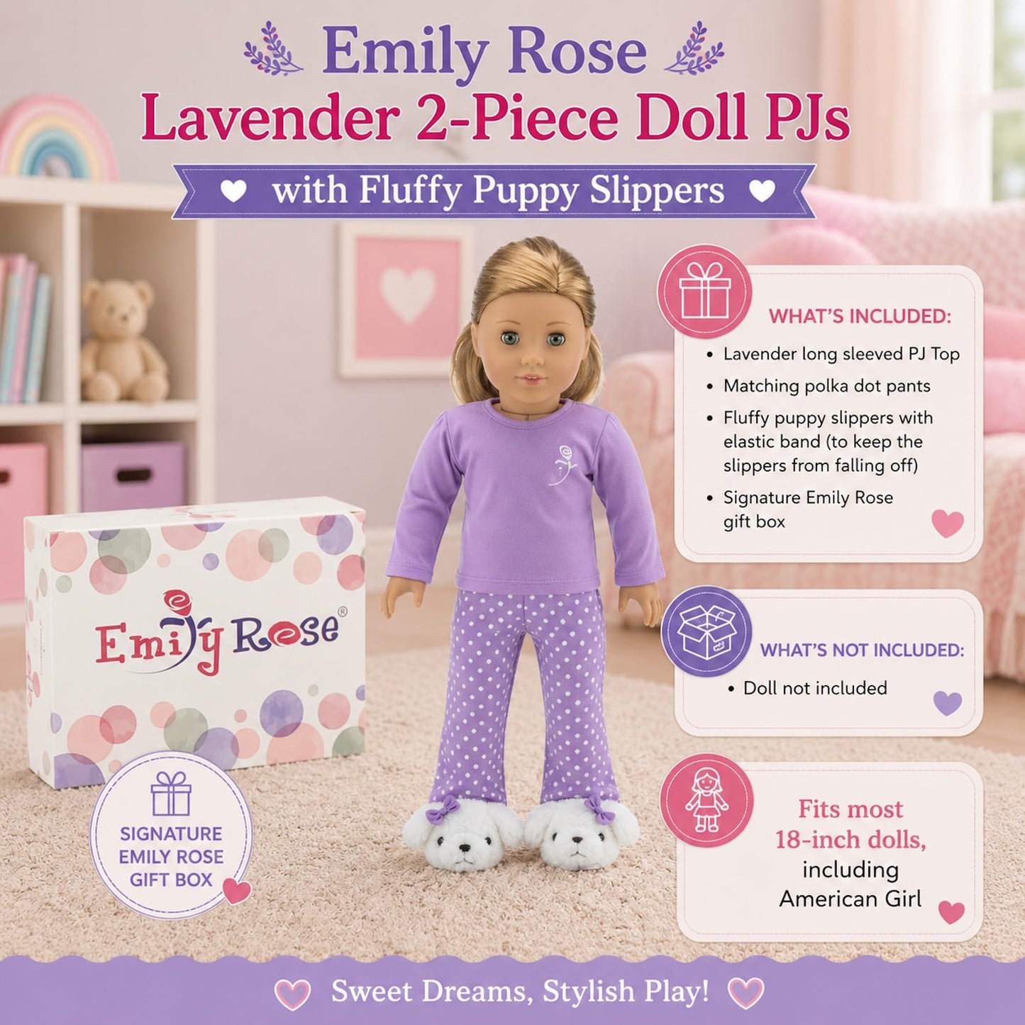 18 Inch Doll Pajamas with Slippers - Purple Polka Dot PJ Set Compatible with American Girl Dolls, 3 Piece Emily Rose Doll Clothes Sleep Outfit for 18"