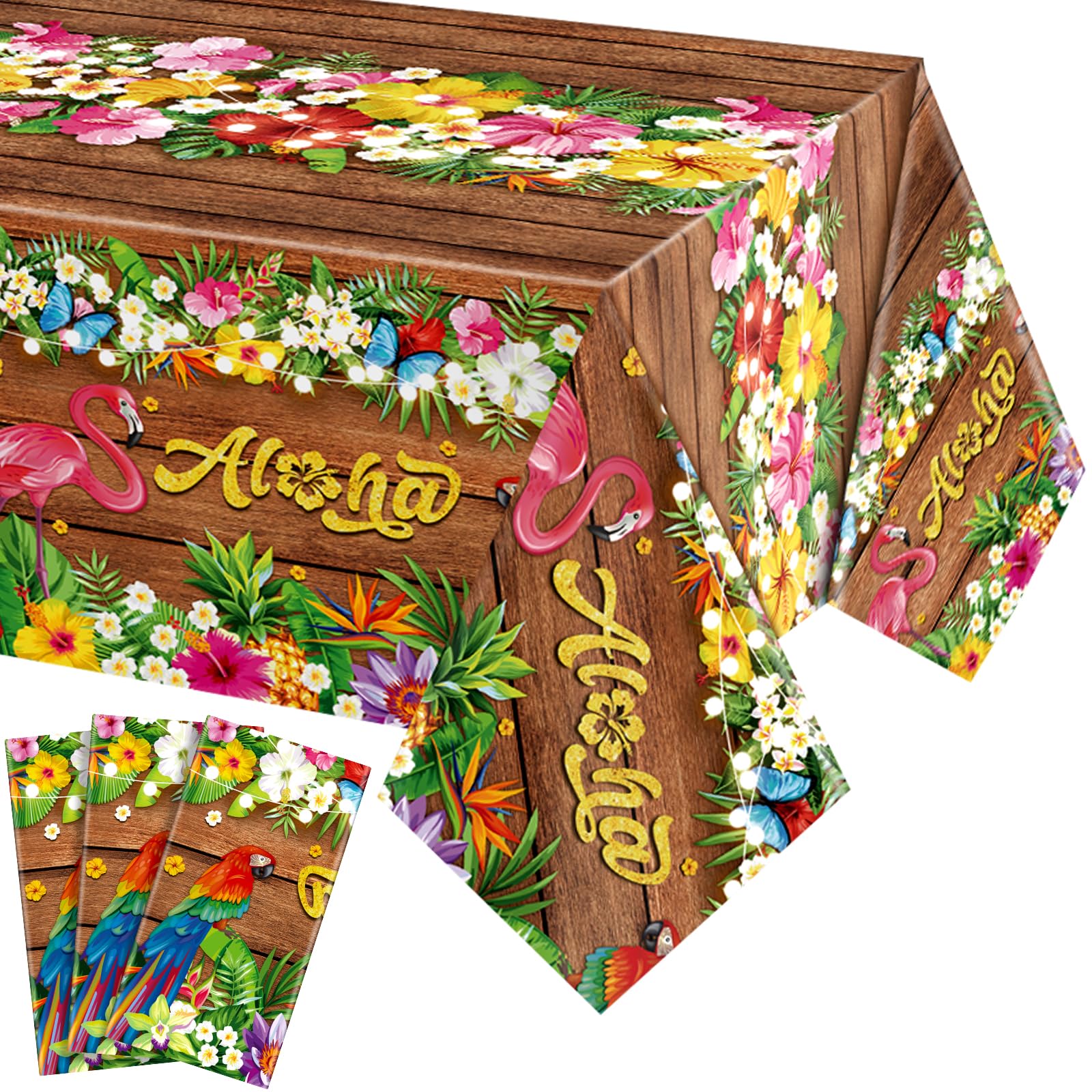 Tatuo 3 Pcs Hawaiian Tablecloths Tropical Luau Tiki Table Covers Summer Party Decoration Palm Leaves Plastic Rectangular Aloha Flower Tablecloth