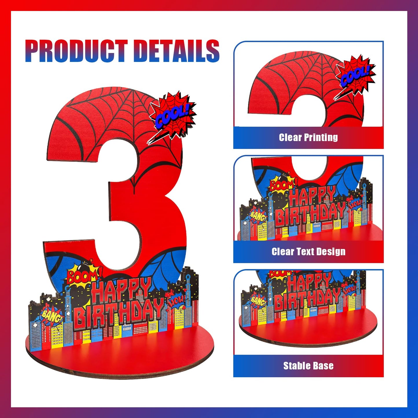JHGCVX Spider 3rd Birthday Number Sign Centerpiece, Spider Theme 3rd Number Stand Sign, Wooden Table Decoration Photo Props for Spider 3rd Birthday