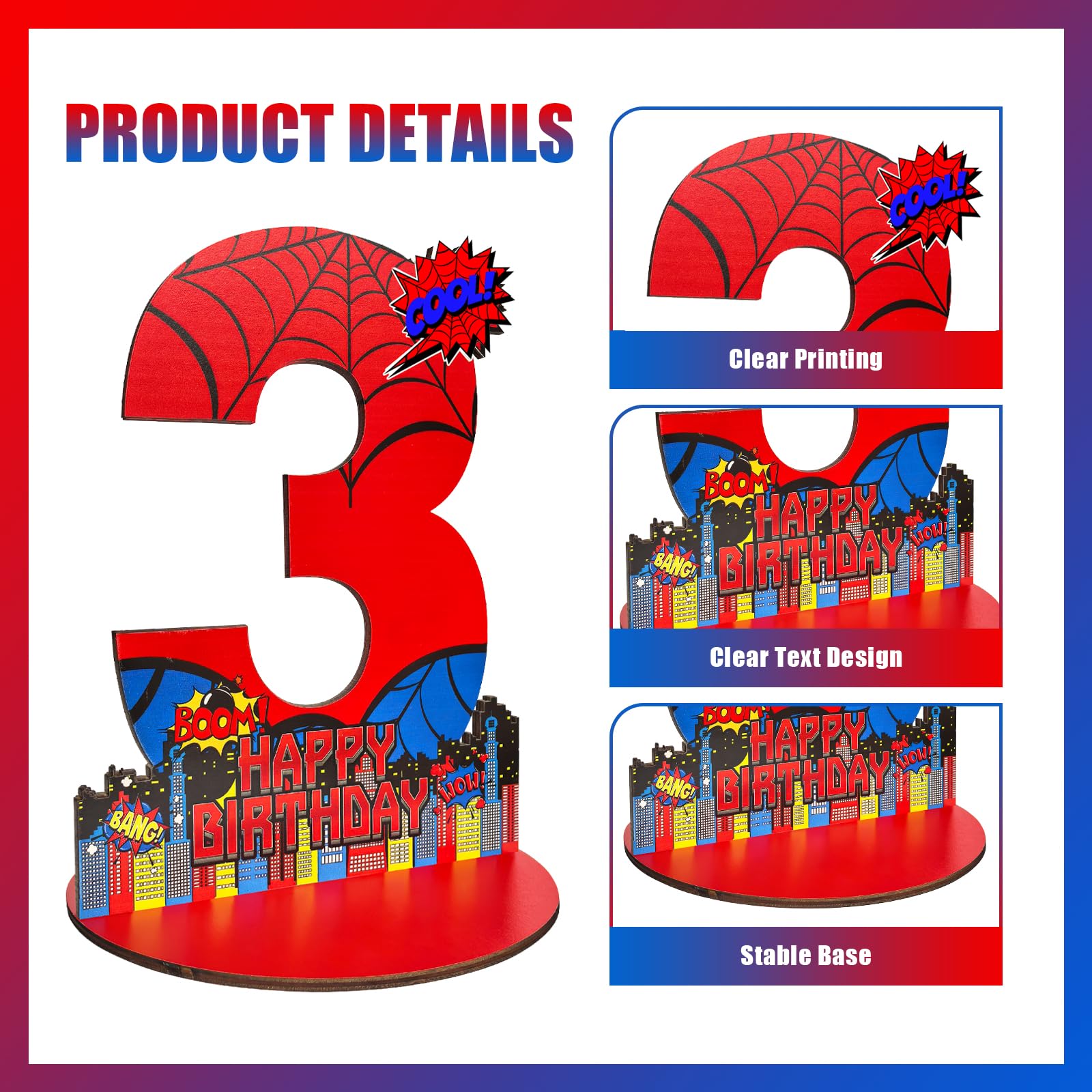 JHGCVX Spider 3rd Birthday Number Sign Centerpiece, Spider Theme 3rd Number Stand Sign, Wooden Table Decoration Photo Props for Spider 3rd Birthday
