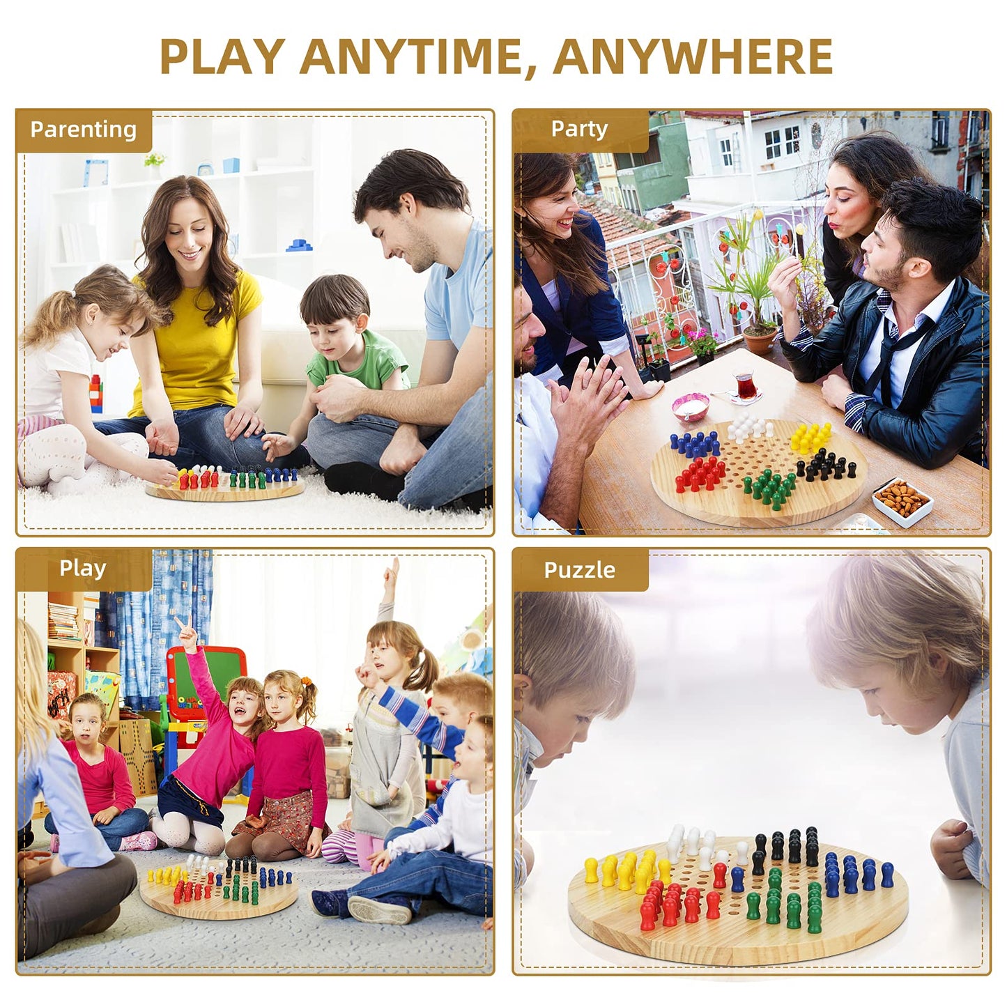 Win SPORTS Chinese Checkers Board - Classic Strategy Game & Fun for The Whole Family, Includes 60 Wooden Pegs in 6 Colors, Made with Natural Wood