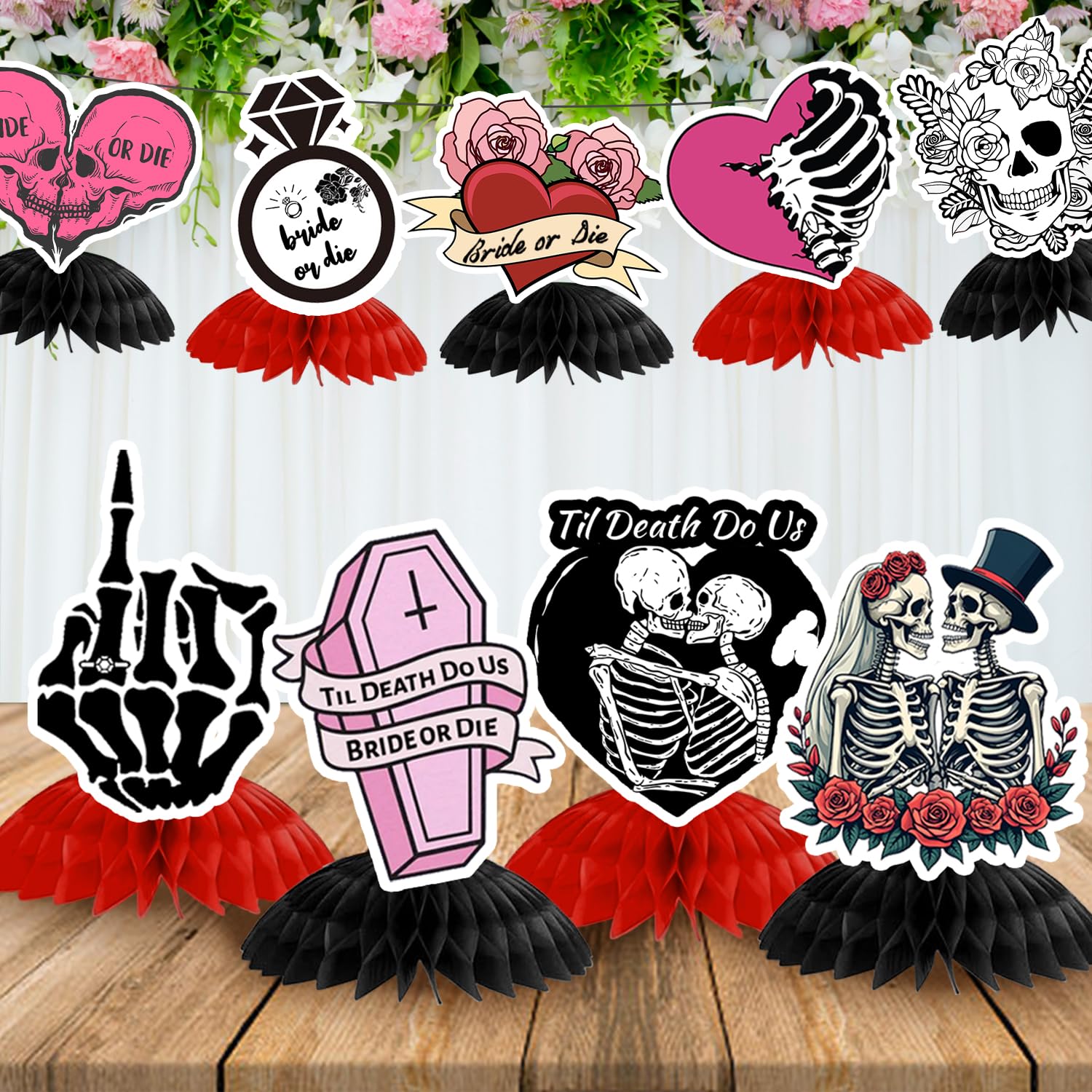 9Pcs Till Death Do Us Honeycomb Centerpieces, Bride or Die Halloween Bachelorette Party Decorations, Rip Single Life Centerpieces for Till Death Do Us