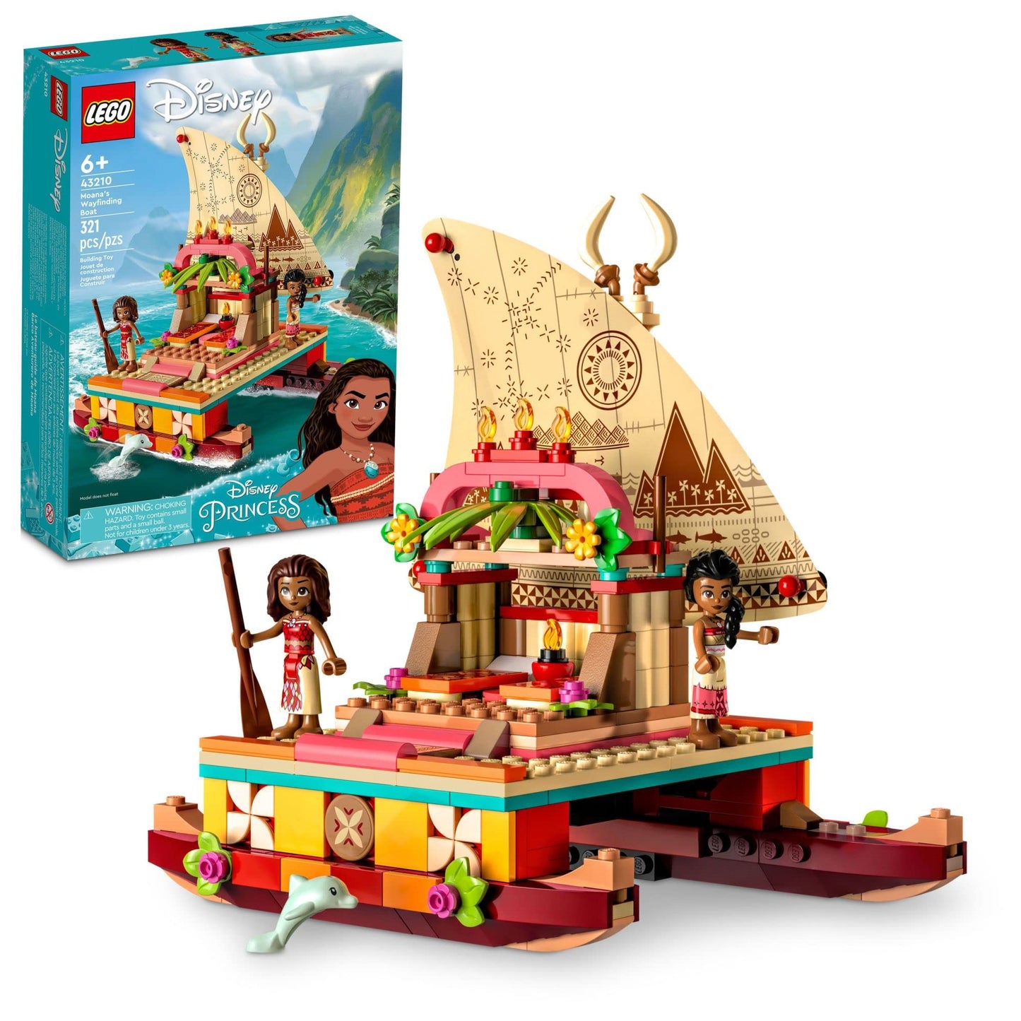 LEGO Disney Princess Moana's Wayfinding Boat Building Toy 43210 Disney Princess Toy Set with Moana and Sina Mini-Dolls, Dolphin Figure