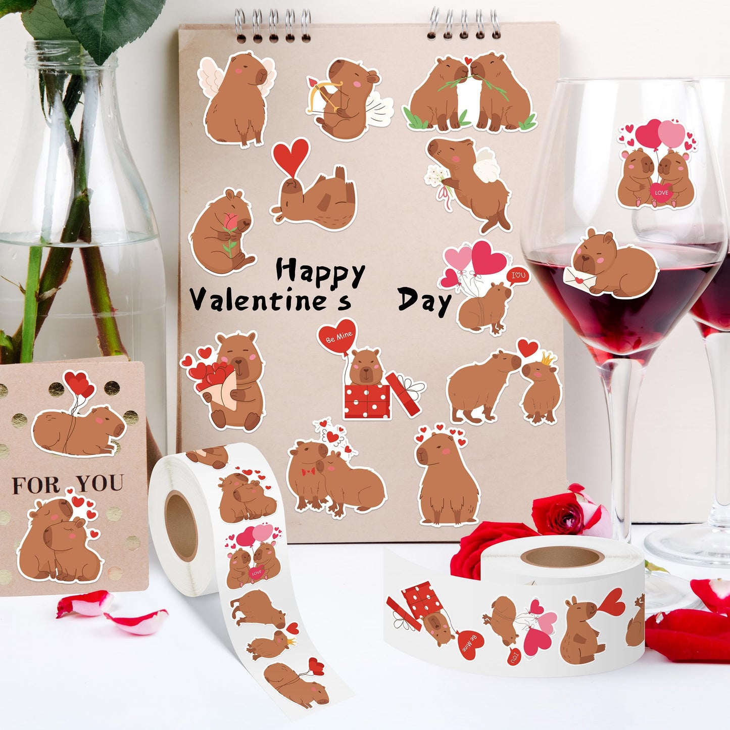 DSjuedui Romantic Capy Sticker Rolls - 2000Pcs Cute Capy with Hearts Self Adhesive Stickers for Kids, Kawaii Cartoon Animals Waterproof Decals