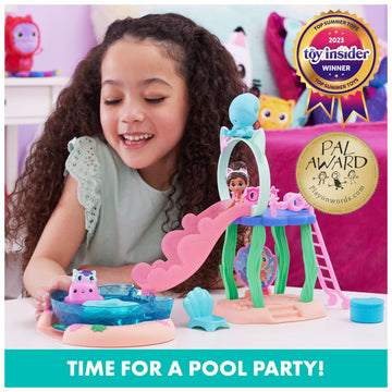 Gabby's Dollhouse, Purr-ific Pool Playset with Gabby and Mercat Figures, Color-Changing Mermaid Tails and Pool Accessories Kids Toys for Ages 3 and Up