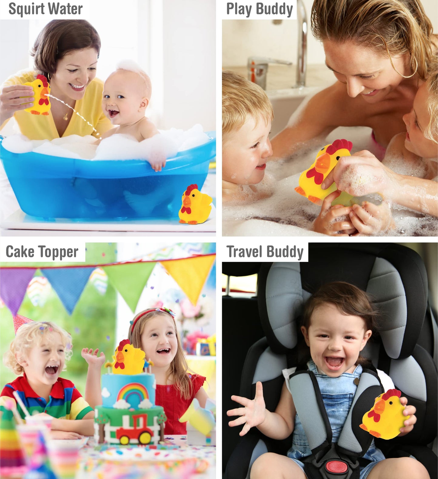 DolliBu Rooster Bath Buddy Squirter - Floating Yellow Chicken Rubber Bath Toy, Fun Water Squirting Bathtime Play For Toddlers, Cute Farm Barn Animal