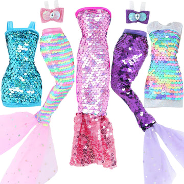 BLIJOLA Doll Clothes 5 Sets Sequins Dresses for 11.5 inch Girl Doll Including 2 Mermaid Clothes Swimwear 1 Evening Dress 2 Casual Dresses Party