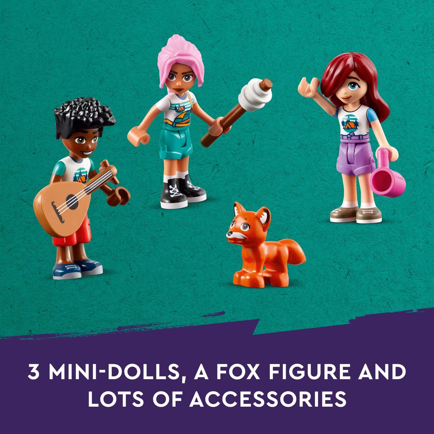 LEGO Friends Adventure Camp Cozy Cabins Camping Toy, Kids’ Nature Playset, Pretend Play Toy with 3 Mini Doll Characters and a Fox Figure, Birthday