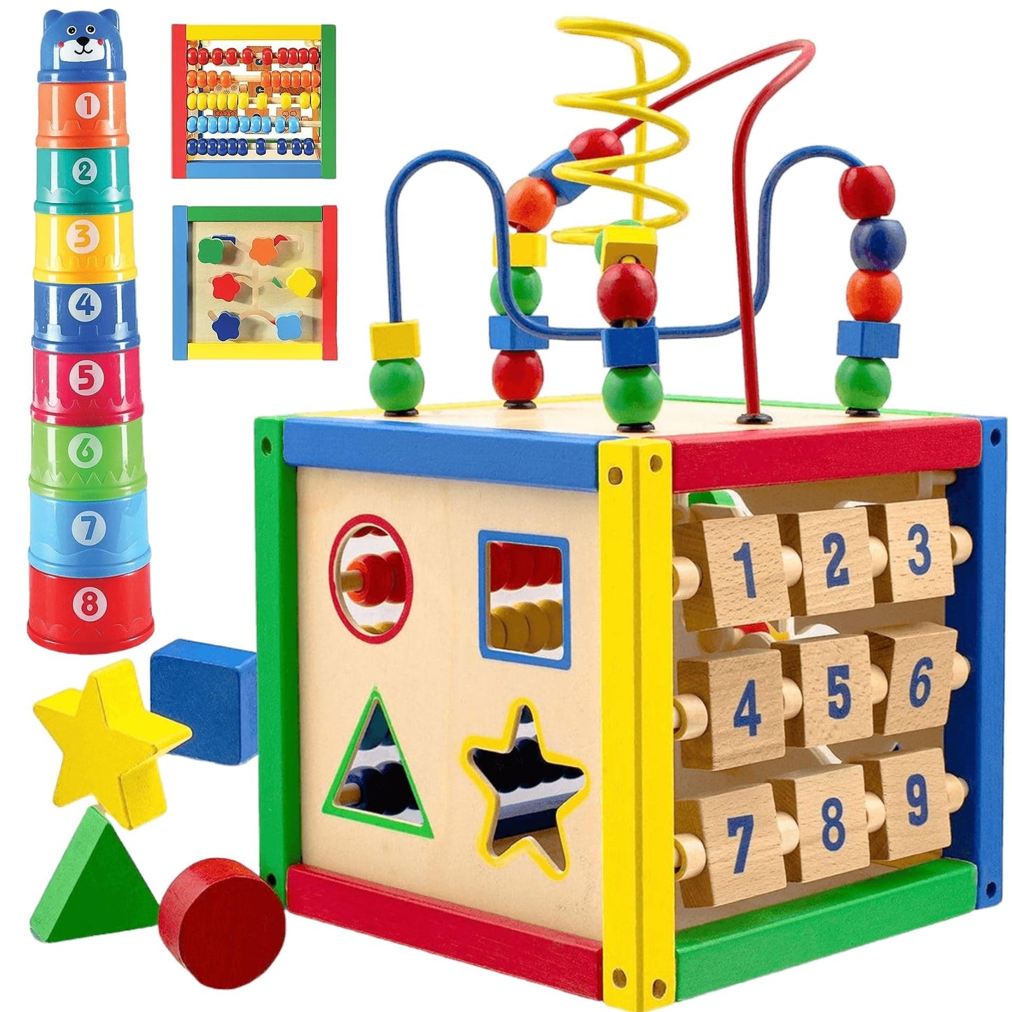Play22 Wooden Activity Cube for Baby - 6 in-1 Baby Activity Play Cube with Bead Maze, Shape Sorter, Abacus Counting Beads, Counting Numbers, Sliding