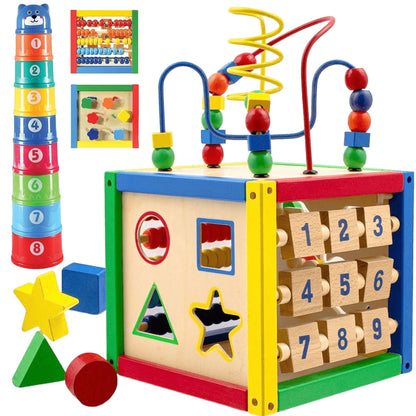 Play22 Wooden Activity Cube for Baby - 6 in-1 Baby Activity Play Cube with Bead Maze, Shape Sorter, Abacus Counting Beads, Counting Numbers, Sliding