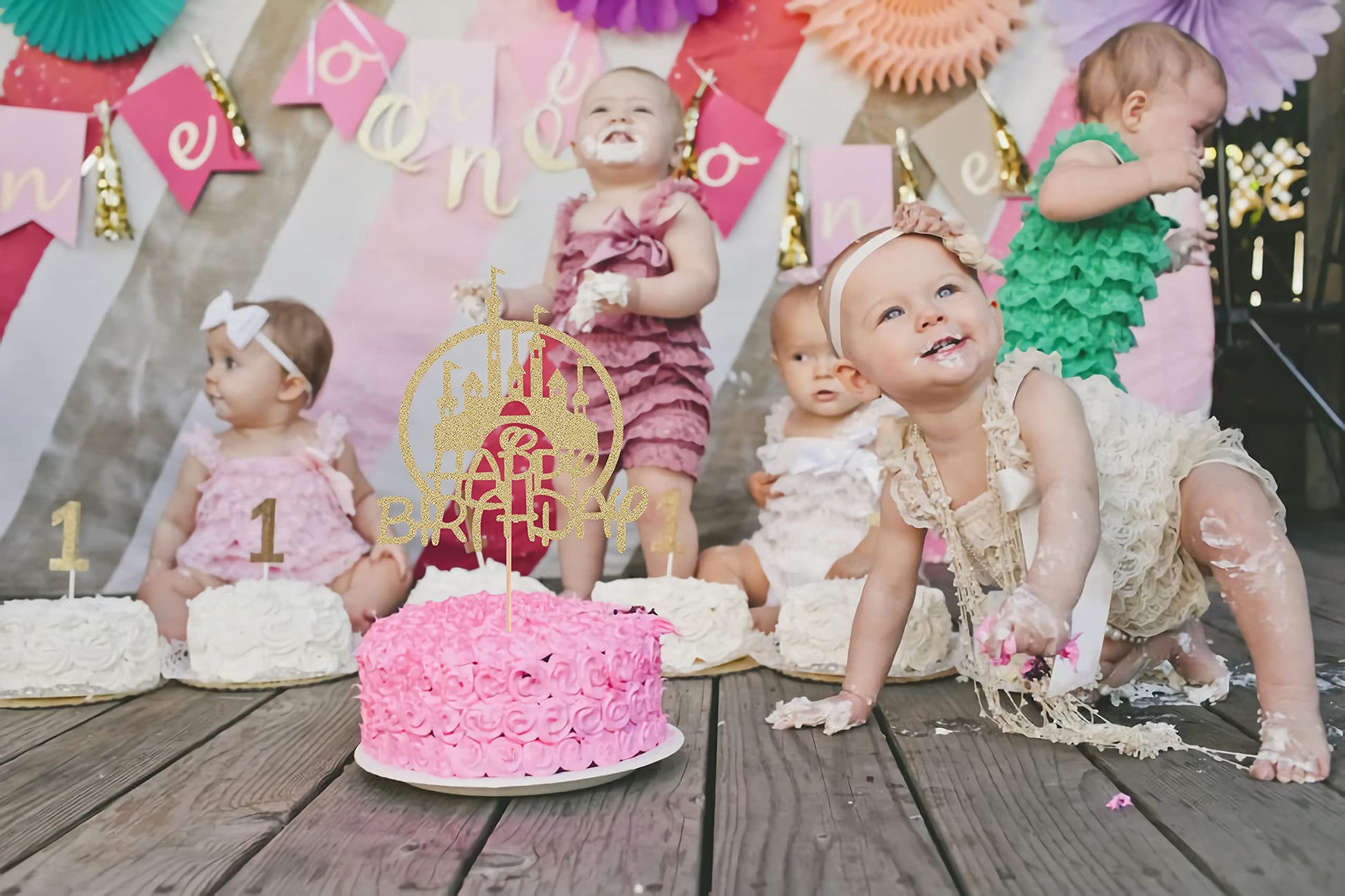 Castle Birthday Cake Topper - Gold Glitter Castle Theme Birthday Party Cake Decoration Supply - Princess Prince Happy Birthday Cake Topper Photo Prop