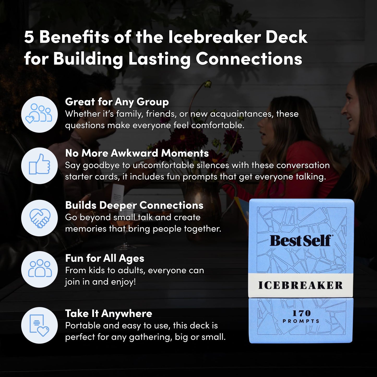 BestSelf Icebreaker Card Deck - 170 Conversation Starters to Spark Meaningful Connections | Ice Breaker Game for Adults, Friends & Couples | Date
