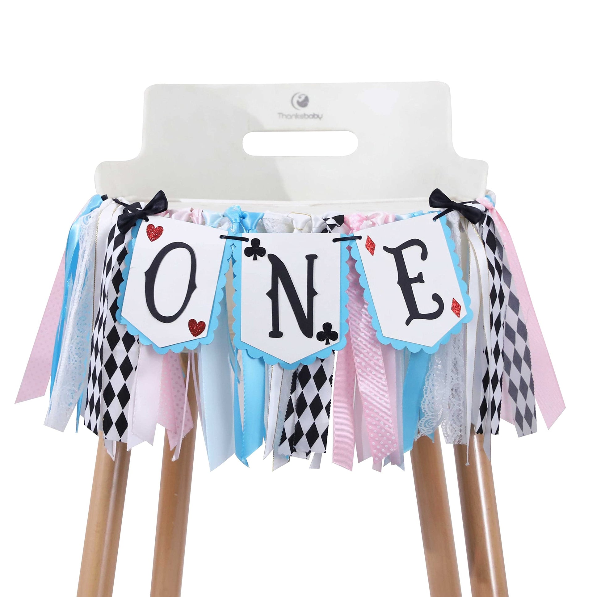 LINLULU Alice in Wonderland Highchair Banner, 1st Birthday Girl Decoration, Blue, 80 inches x 8.75 inches