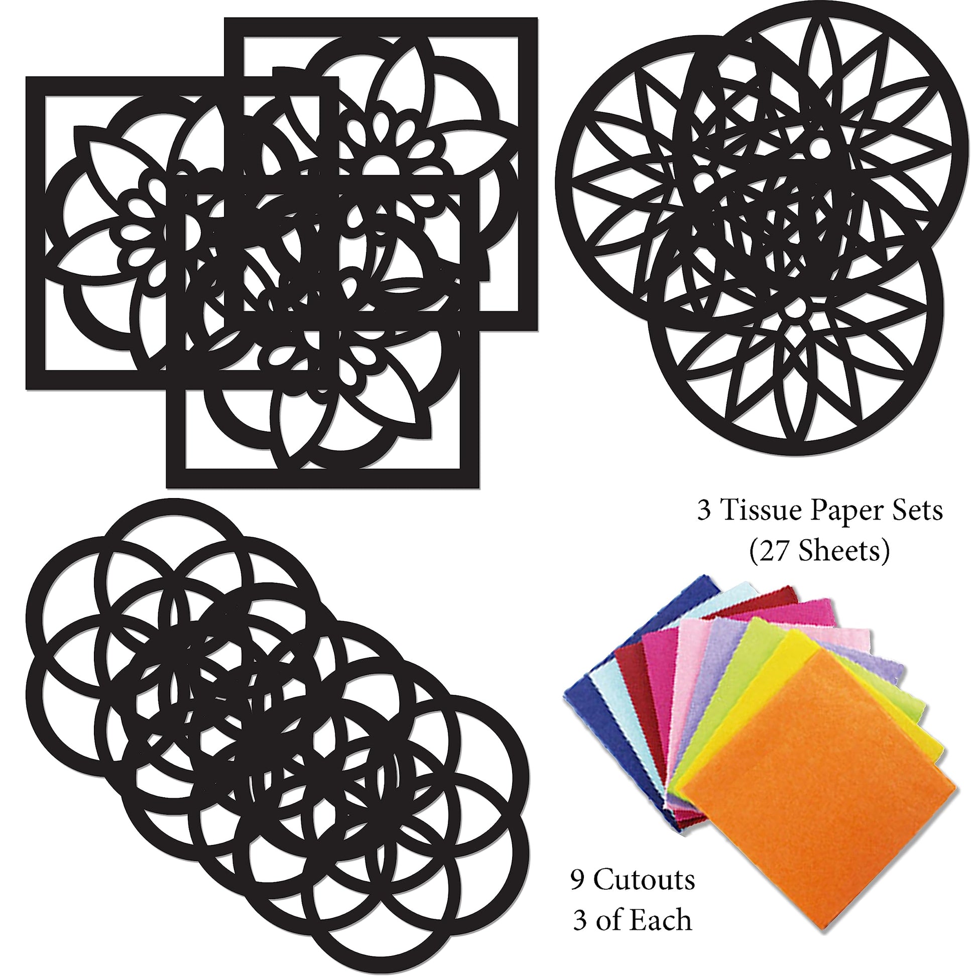 VHALE Suncatchers Craft 3 Sets (9 Cutouts) w Tissue Papers Stained Glass Effect Paper Sun Catcher Kit, Window Art, Classroom Crafts, Creative Art