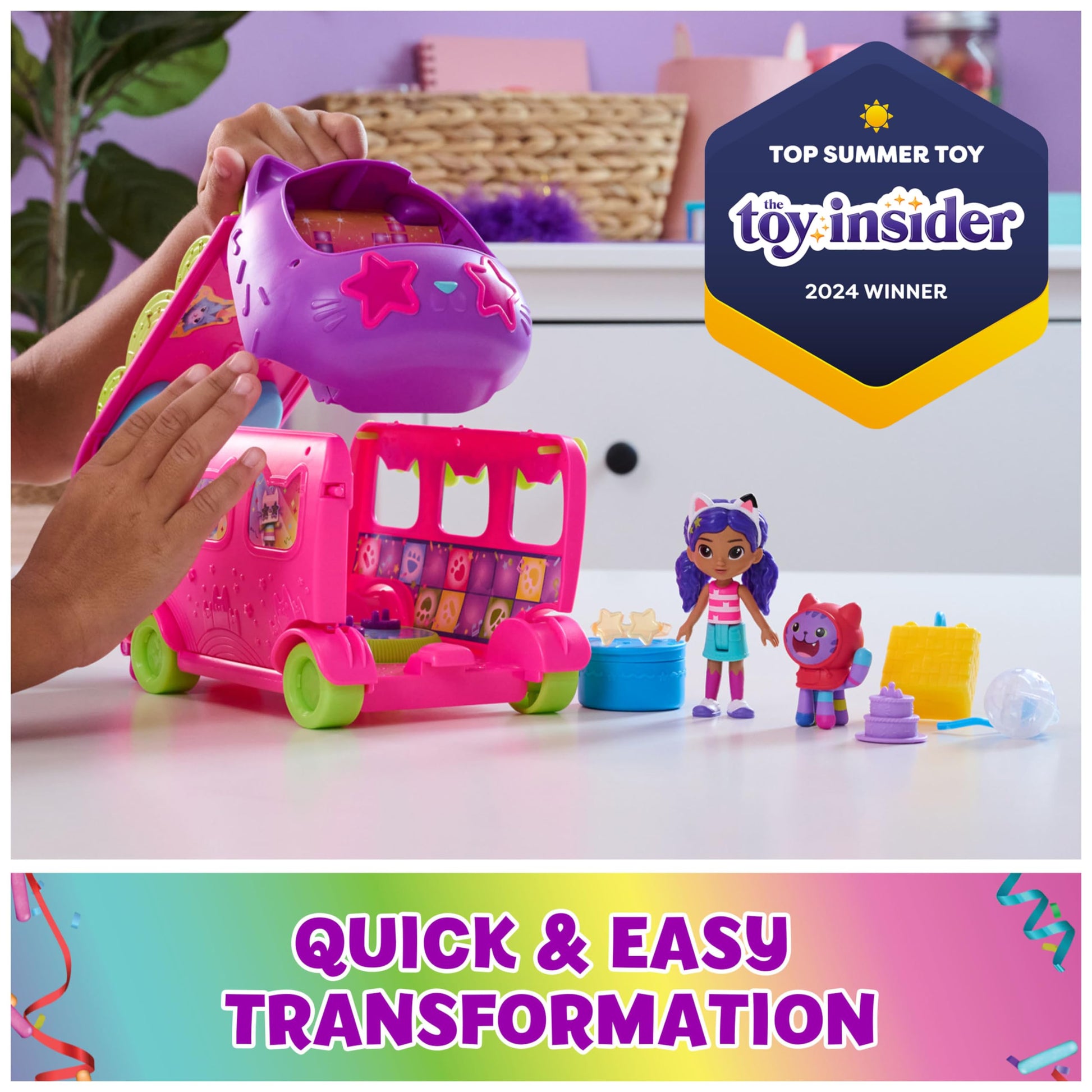 DreamWorks GABBY'S Dollhouse Celebration Party Bus, Transforming Playset with Gabby & DJ Catnip Toy Figures & Dollhouse Accessories, Kids Toys