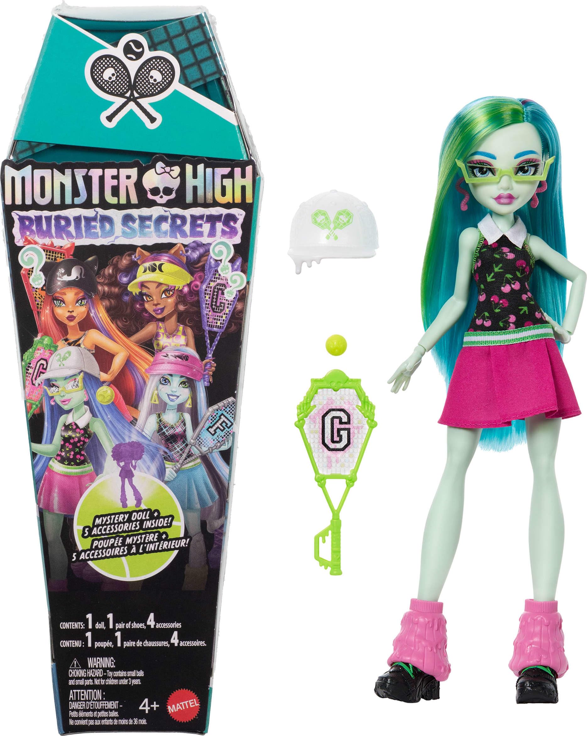Monster High Buried Secrets Dolls and Accessories, Courtside Fang-Out Theme with Mystery Doll and 5 Unboxing Surprises (Characters May Vary)