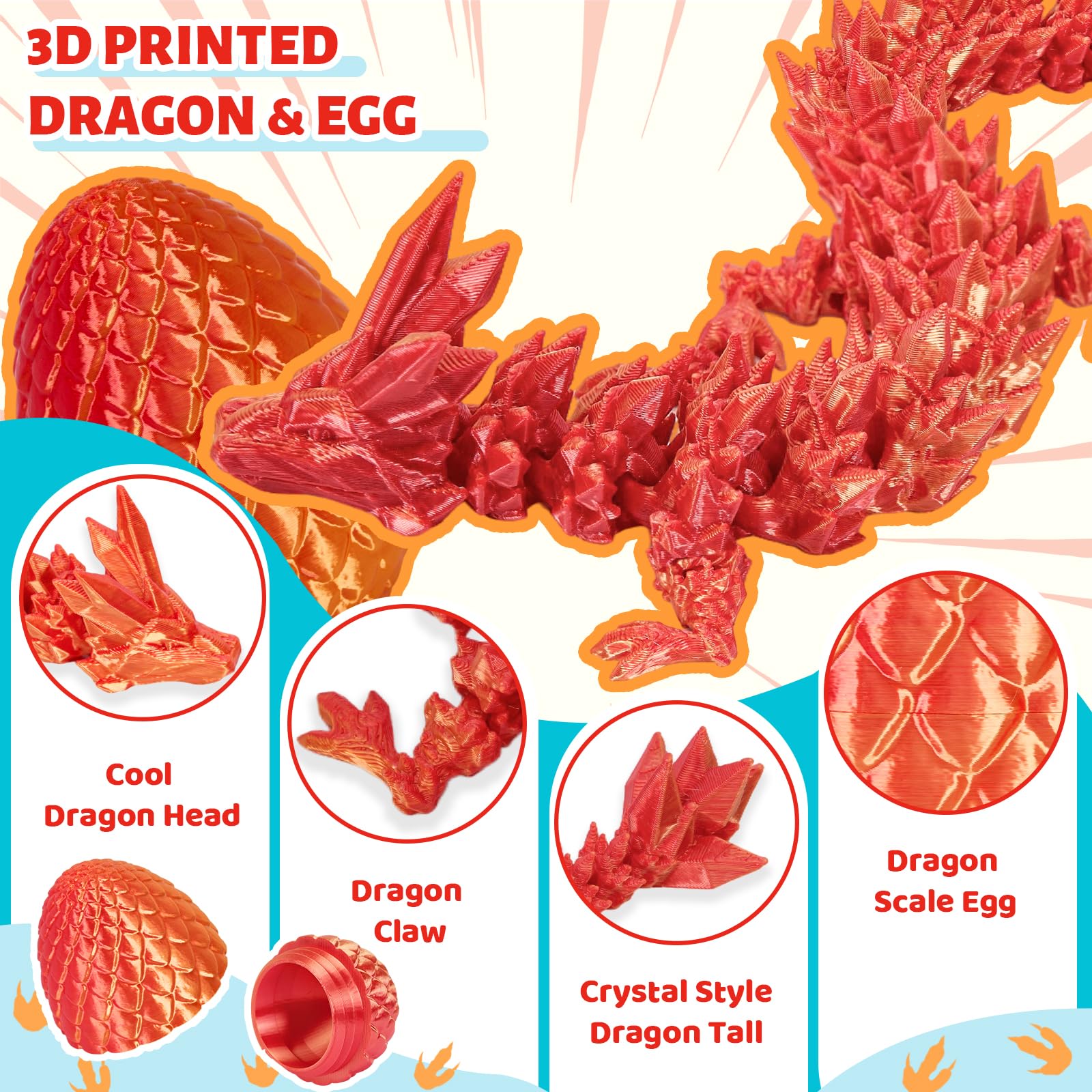 Cessfle 12" Prefilled Easter Eggs with 3D Printed Dragons Inside, 3D Printer Articulated Crystal Fidget Toy,Easter Basket Stuffers for 5-7 4-6 8-12