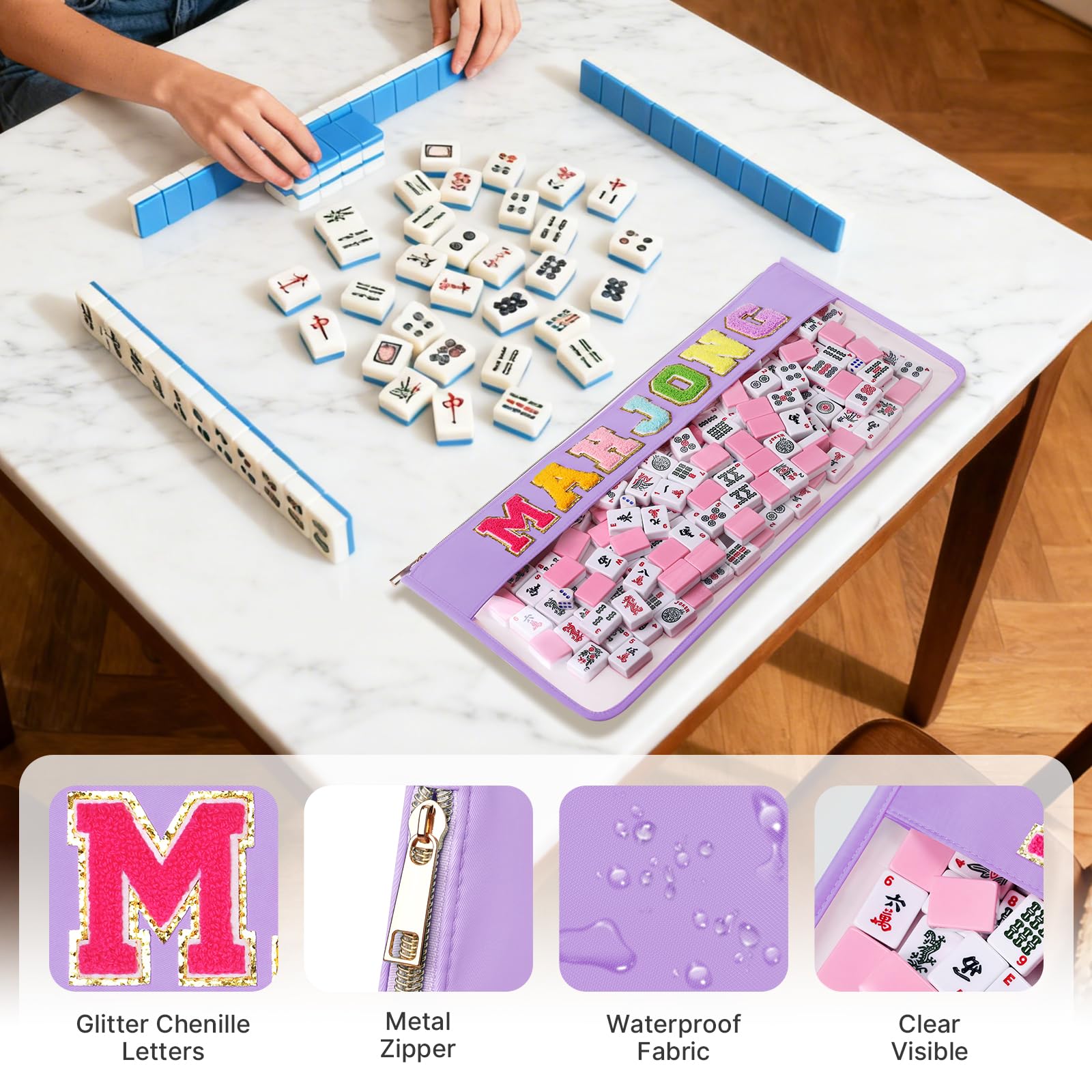DEVPNR Clear American Mahjong Tile Bag with Zipper, Romantic Purple