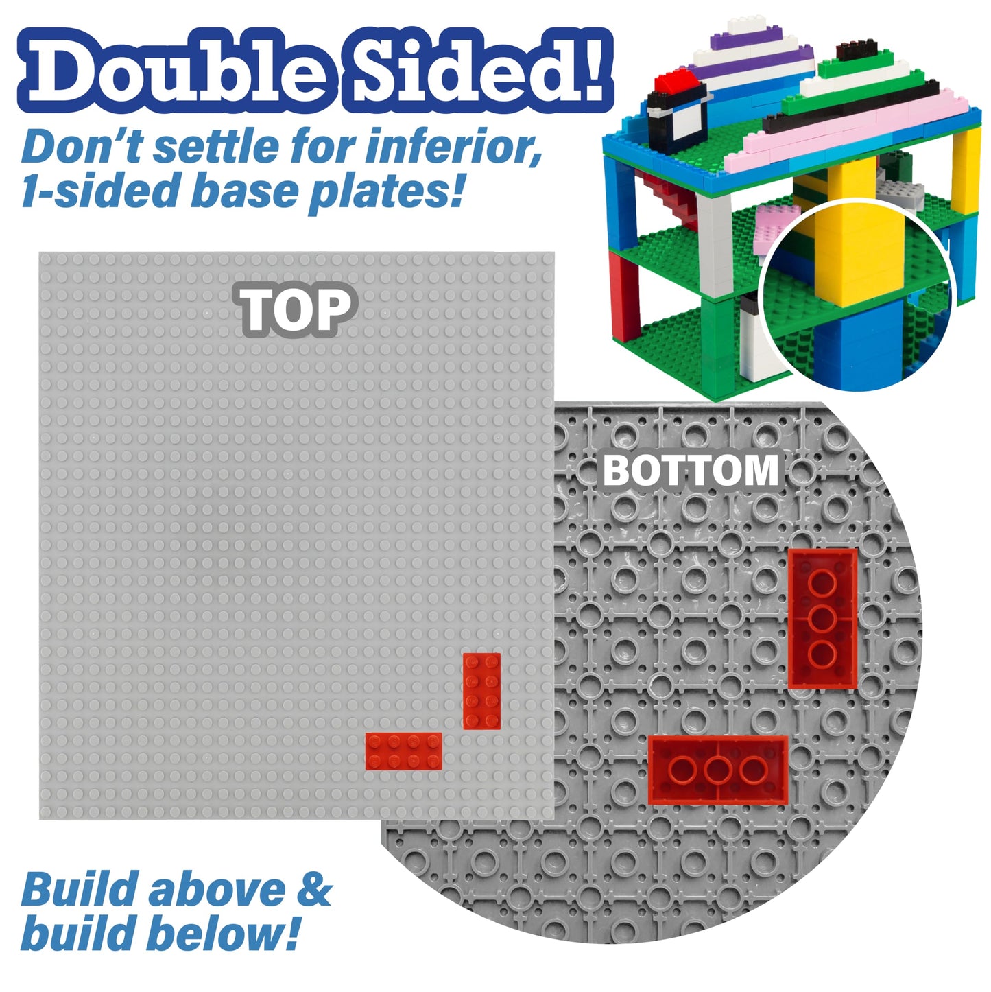 Classic Baseplates for Building Bricks - Set of 6 Large 10"x10" Building Plates (MultiColors) - Dual Connectivity, Build on Both Sides - Compatible