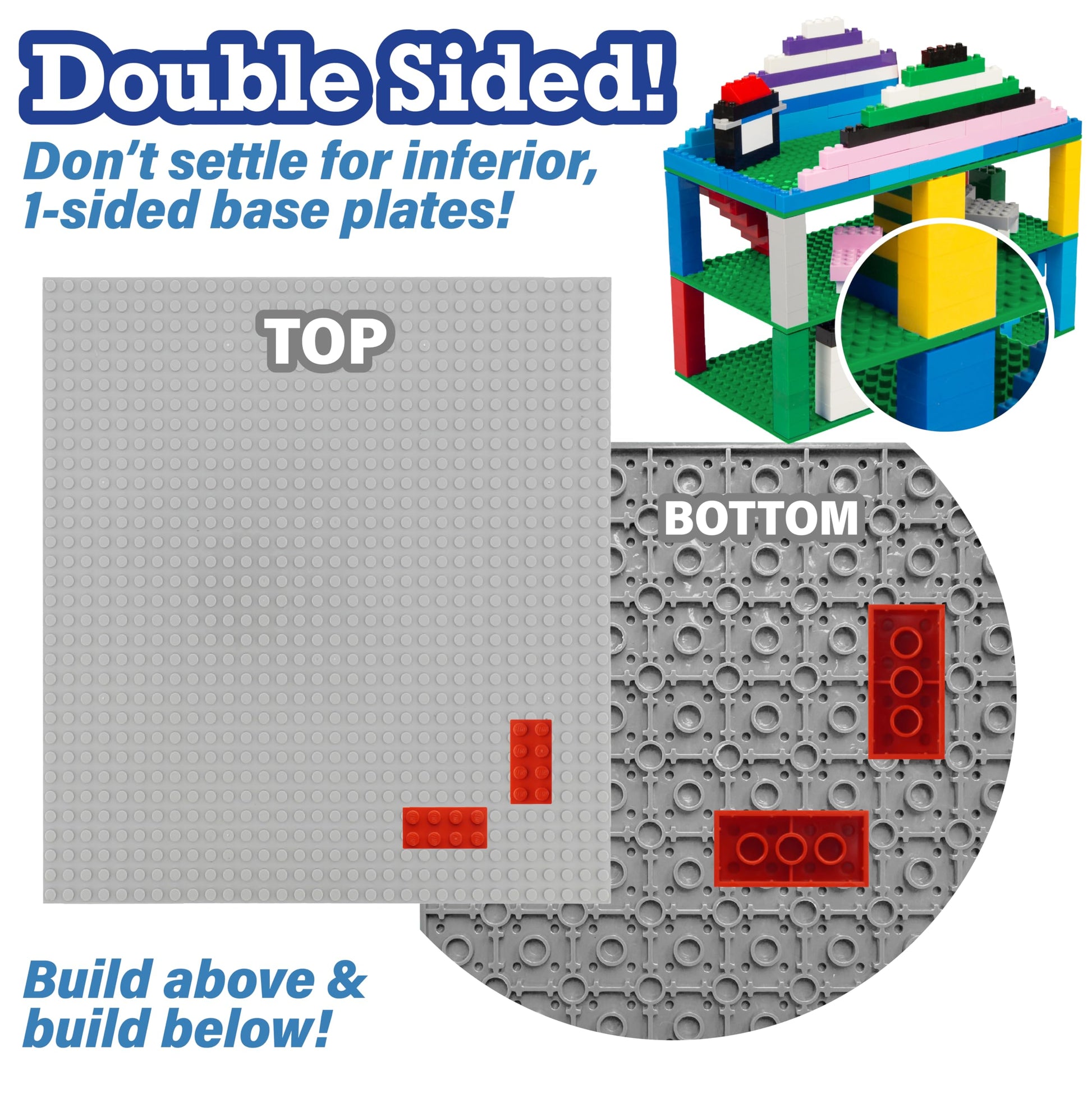 Classic Baseplates for Building Bricks - Set of 6 Large 10"x10" Building Plates (MultiColors) - Dual Connectivity, Build on Both Sides - Compatible