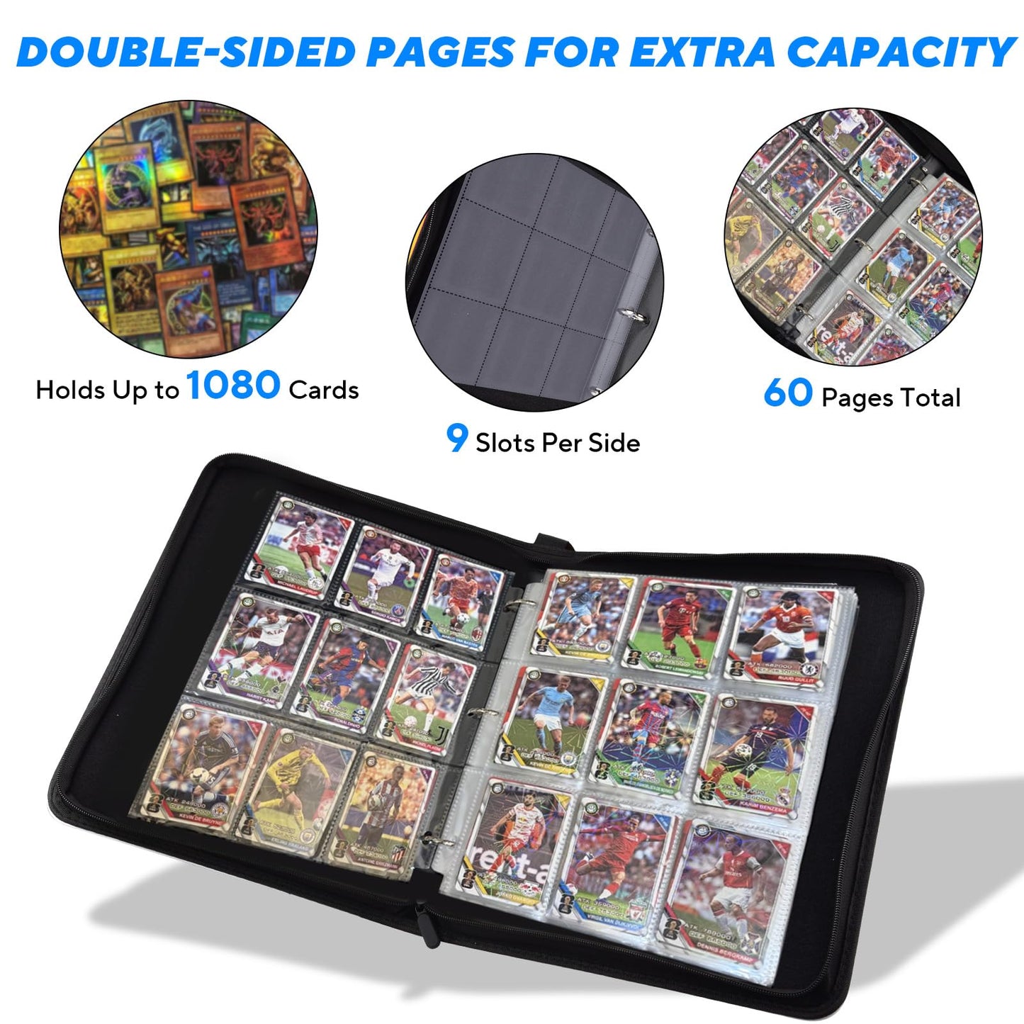 ULLTOON Portable 9-Pocket Trading Card Binder, Holds 1080 Cards with 60 Removable Double-Sided Sleeves, Baseball Card Binder Card Storage Organizer
