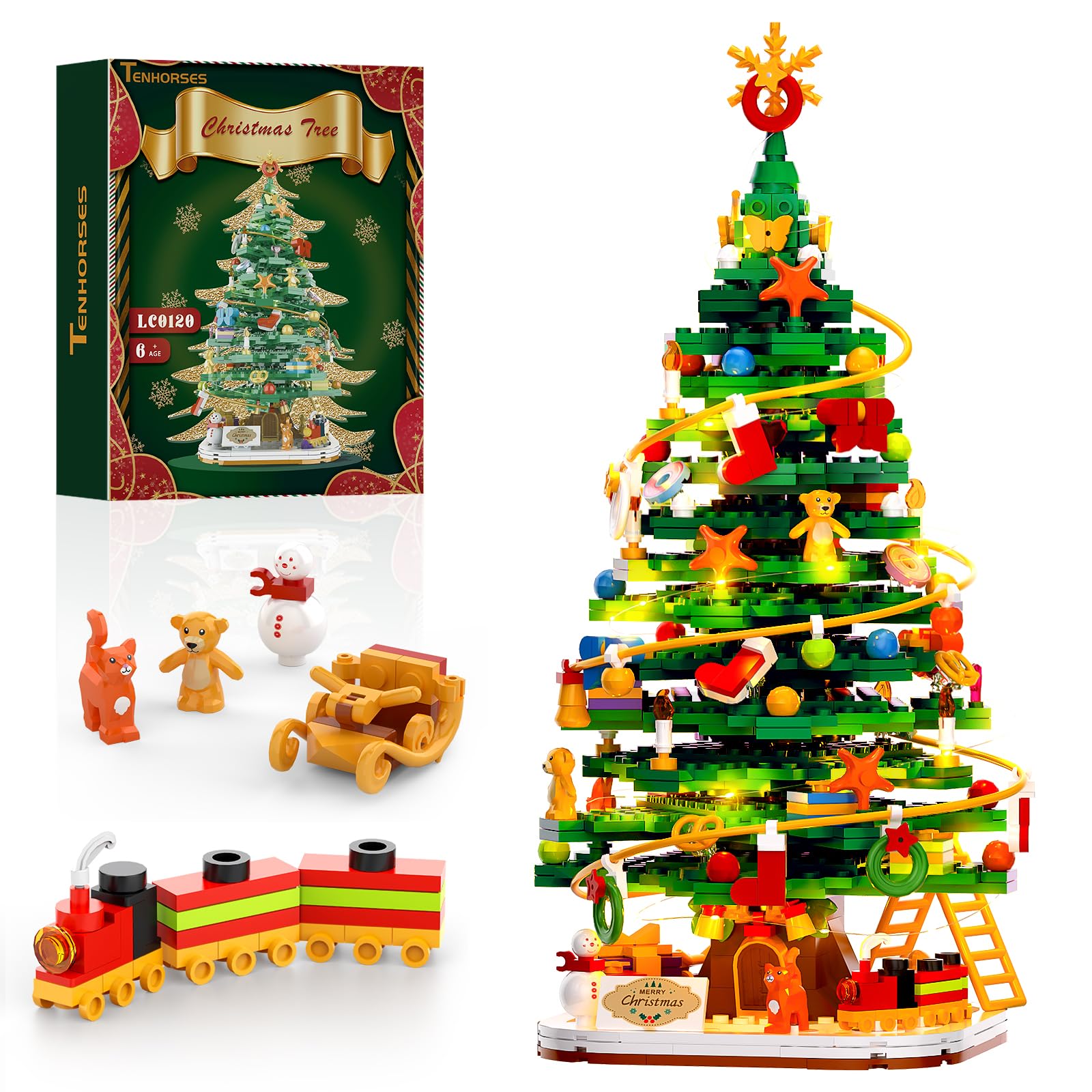 Christmas Tree with LED Light Building Blocks, Compatible with Lego Christmas Ornaments Set for Tabletop Home, Wreath Snowflake Xmas Decoration